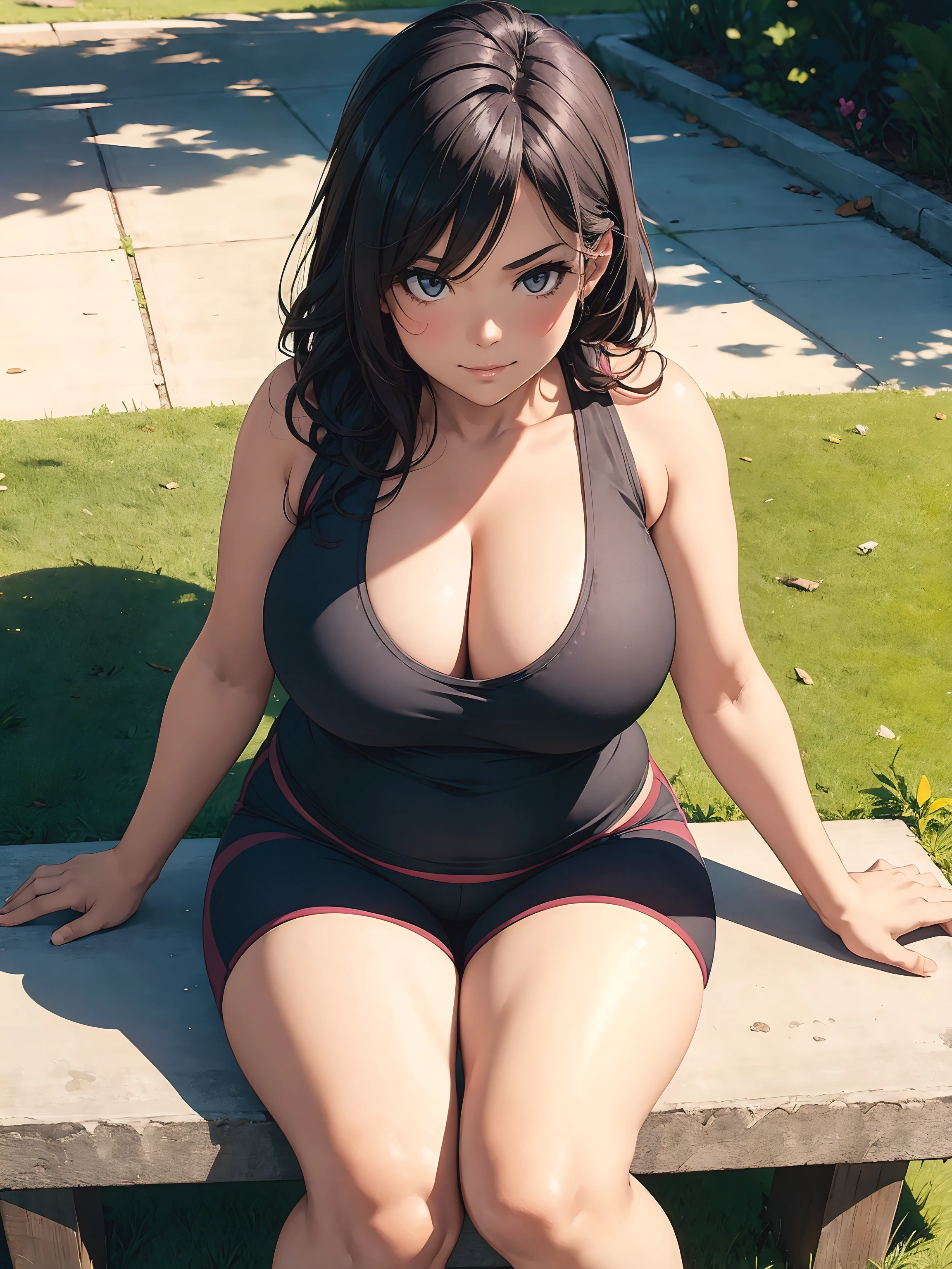 1girl, curvy body shape, voluptuous, fitting breasts, smirk, wearing a gray tank top, burgundy Sport shorts, in a park, waiting on a bench, shot from above, depth of field, warm tones,