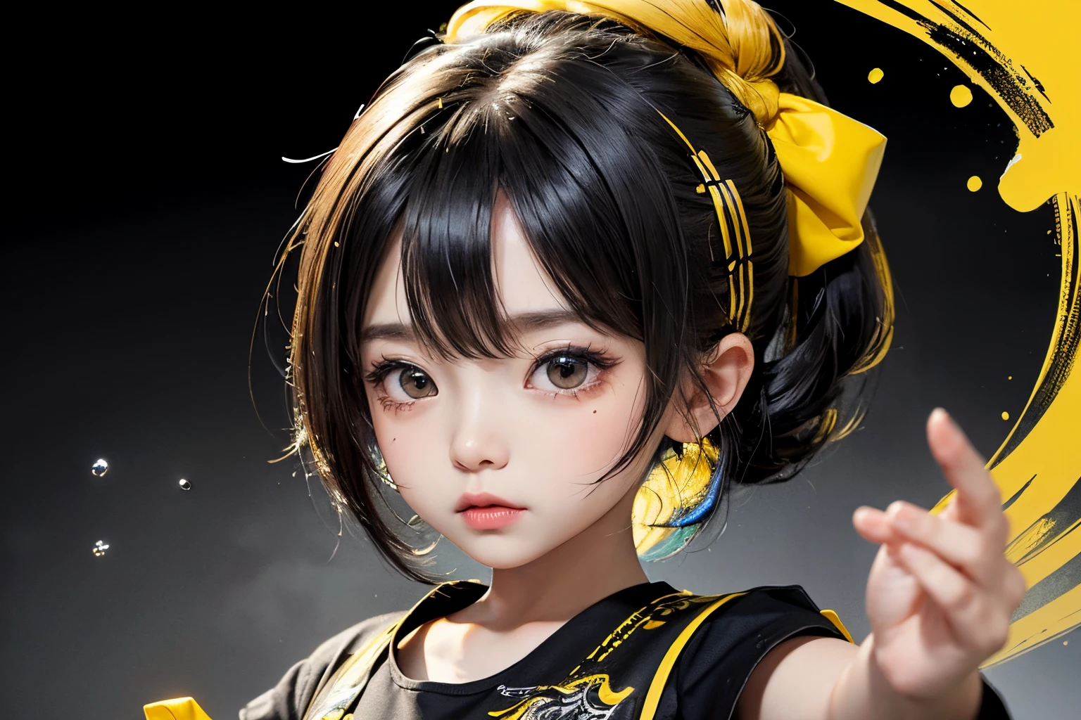 water paint art, ink drop, many color ink drop, yellow ink drop, black ink drop, high detailed line art, dancing kids, chibi style, super deformed, black t shirt, amazingly fine detail, highest quality, big file size, high detailed, masterpiece,