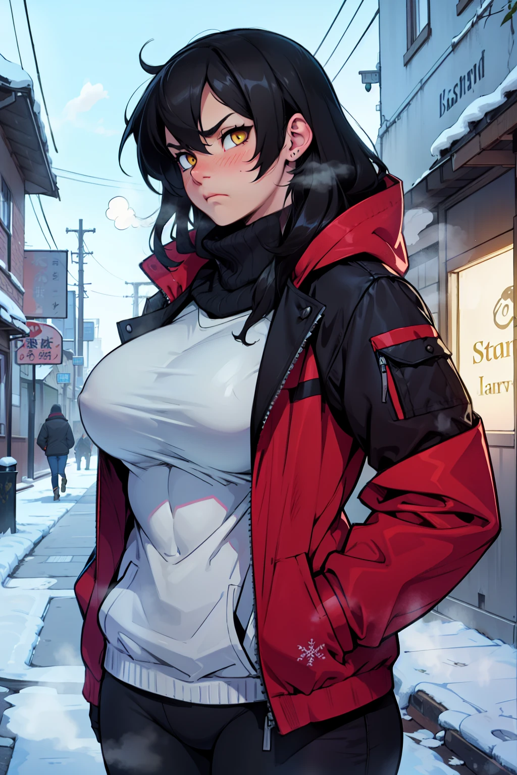 steam blushing frown girl muscular girl large breasts yellow eyes black hair winter clothes