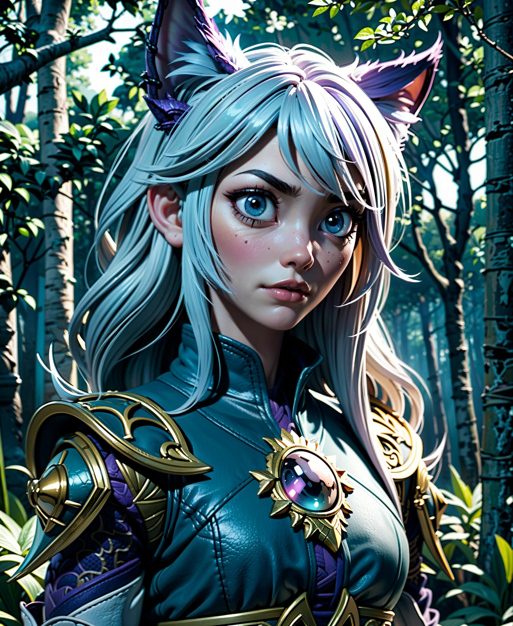 girl holding cat, cat ears, chibi, blue, gold, white, purpple, dragon scaly armor, forest background, fantasy style, (dark shot:1.17), epic realistic, faded, ((neutral colors)), art, (hdr:1.5), (muted colors:1.2), hyperdetailed, (artstation:1.5), cinematic, warm lights, dramatic light, (intricate details:1.1), complex background, (rutkowski:0.8), (teal and orange:0.4), colorfull, (natural skin texture, hyperrealism, soft light, sharp:1.2), (intricate details:1.12), hdr, (intricate details, hyperdetailed:1.15), white hair,