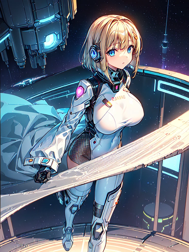 ​masterpiece:1.4, 1girl in ((20yr old, Wearing a futuristic white and silver costume, Tight Fit Bodysuit, long boots, Very gigantic-breasts, Multicolored blonde hair, a short bob, Perfect model body, Blue eyes:1.2, Wearing headphones, Looking out the window of the futuristic sci-fi space station、While admiring the beautiful galaxy:1.2, SFSF control room on night background:1.1, Neon and energetic atmosphere:1.2)) ((Galaxy))