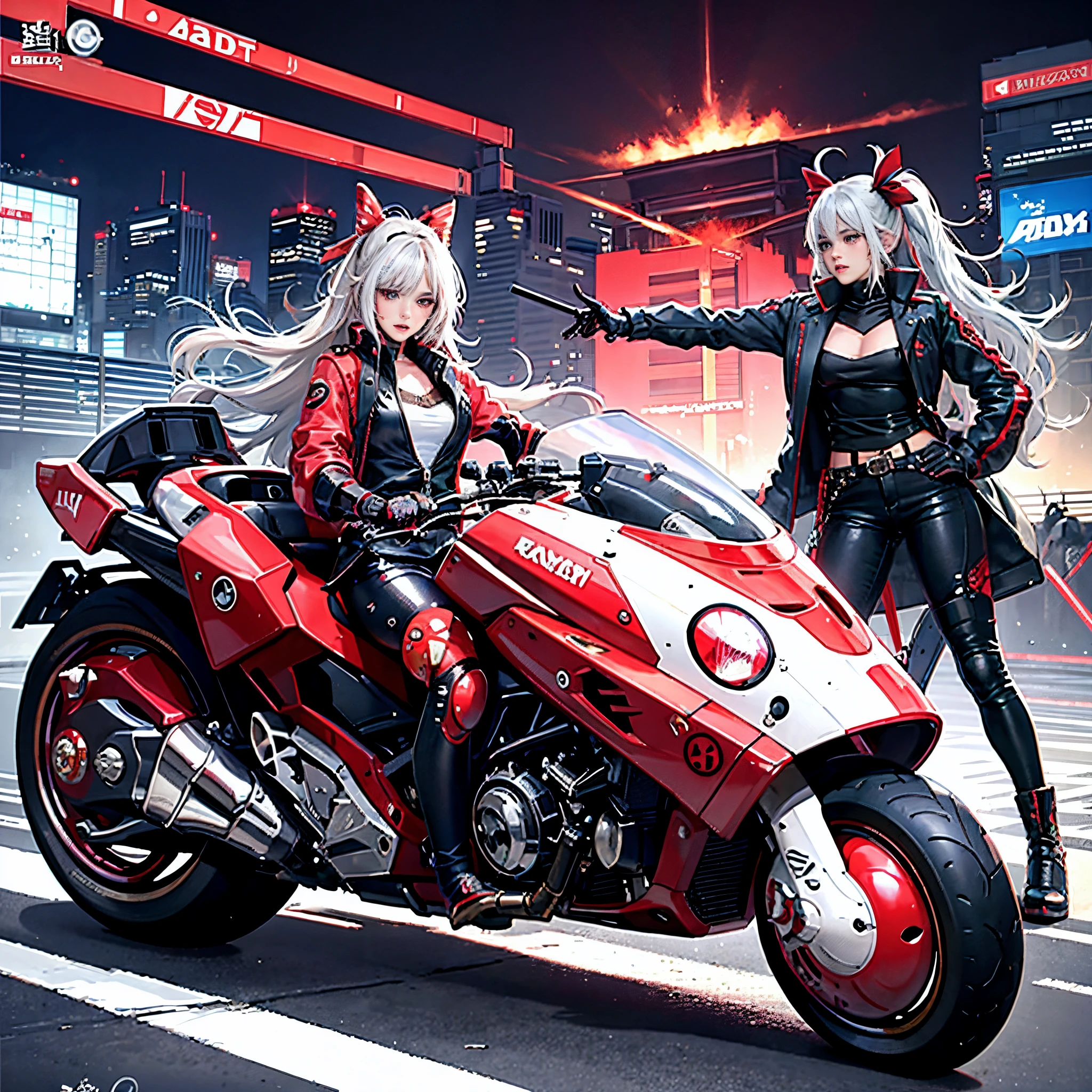 official art, unity 8k wallpaper, ultra detailed, beautiful and aesthetic, masterpiece, best quality, realistic, horns, blush, long hair, white hair, streaked hair, red eyes, hair bow, mole under eye,  red akirabike, riding bike, night, cyberpunk city view, epic screen,