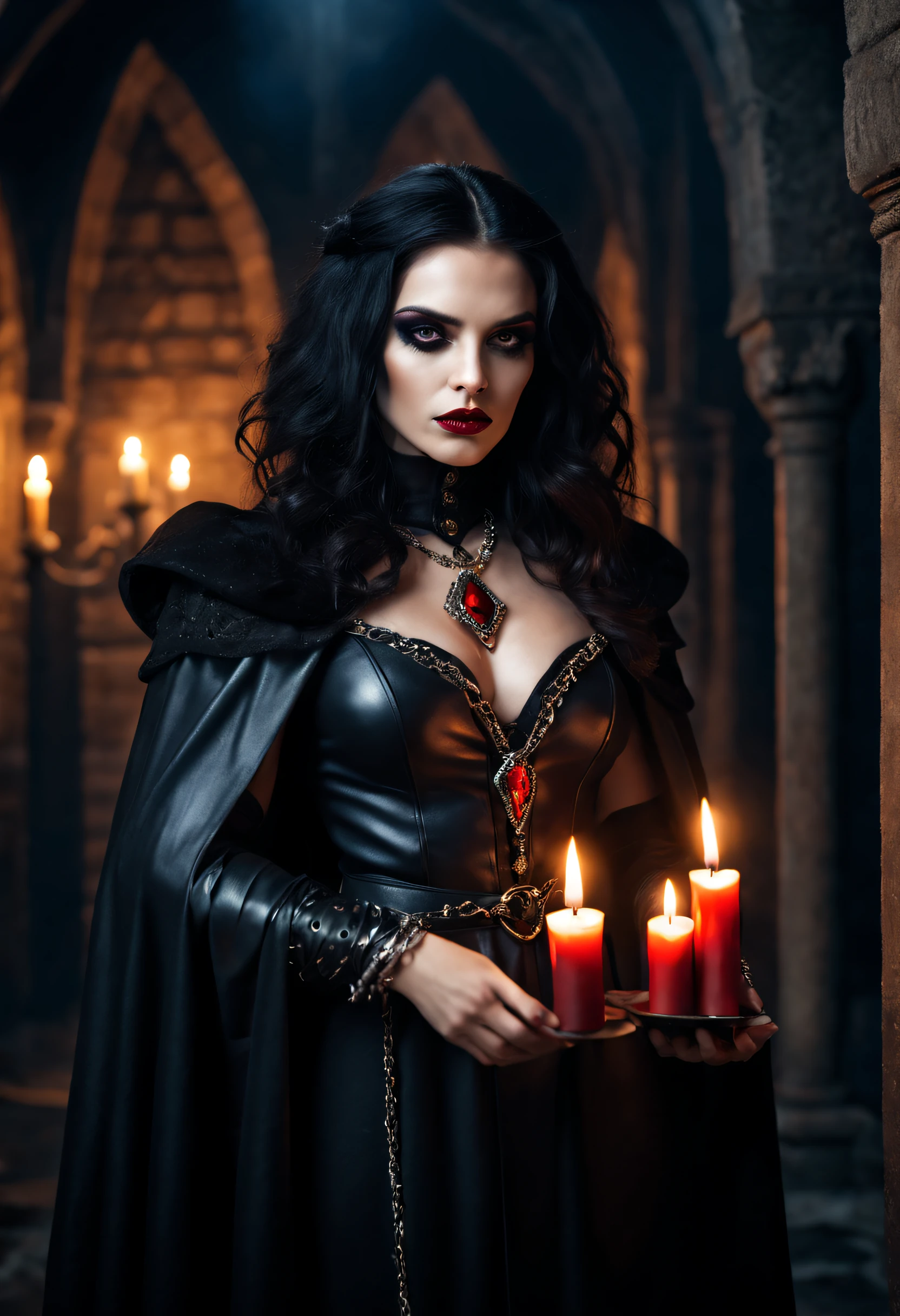 Capa preta nos ombros, com detalhes medievais em metal. O manto negro da rainha suma sacerdotisa, bruxa, magical white woman, cabelos pretos e olhos claros. woman with revenge, rosto de maquiagem escura, look of revenge, maquiagem escura, com sombra preta e batom vermelho na boca, gothic vampire makeup. Gothic necklace. hand holds a candle. O corpo com roupas enroladas em correntes, mistic. The metallic effect of the armor on the clothing and the texture of the leather piece. The candlestick in your hands emits a fiery glow. fundo ambiental de uma biblioteca do castelo. Realistic image.best quality, olhos extremamente detalhados, cor olhos castanhos escuros ,Detailed lips, cabelos longos, curly hair, batom vermelho intenso, sombra preta bem viva, gothic face, roupas em seda e couro, Retratos, vivid colors, studio lighting, dramatic lighting.
