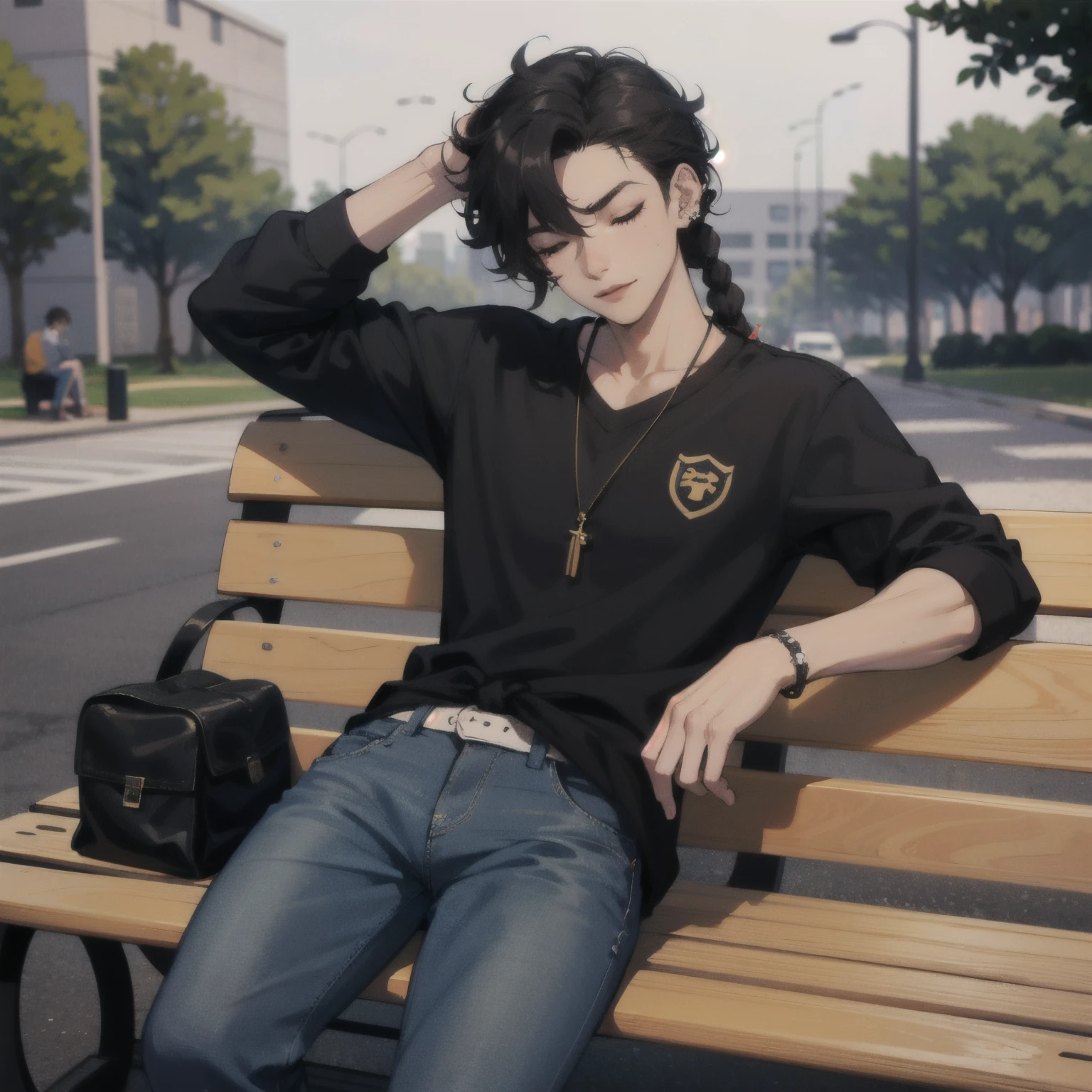 Um menino preto, curly hair braided and tied in a ponytail, camisa folgada preta, mochila nas costas + Denim Jeans Pants + piercing labial + tons amarelados, campus da universidade desfocado, have him sitting lazily on a bench with his eyes closed