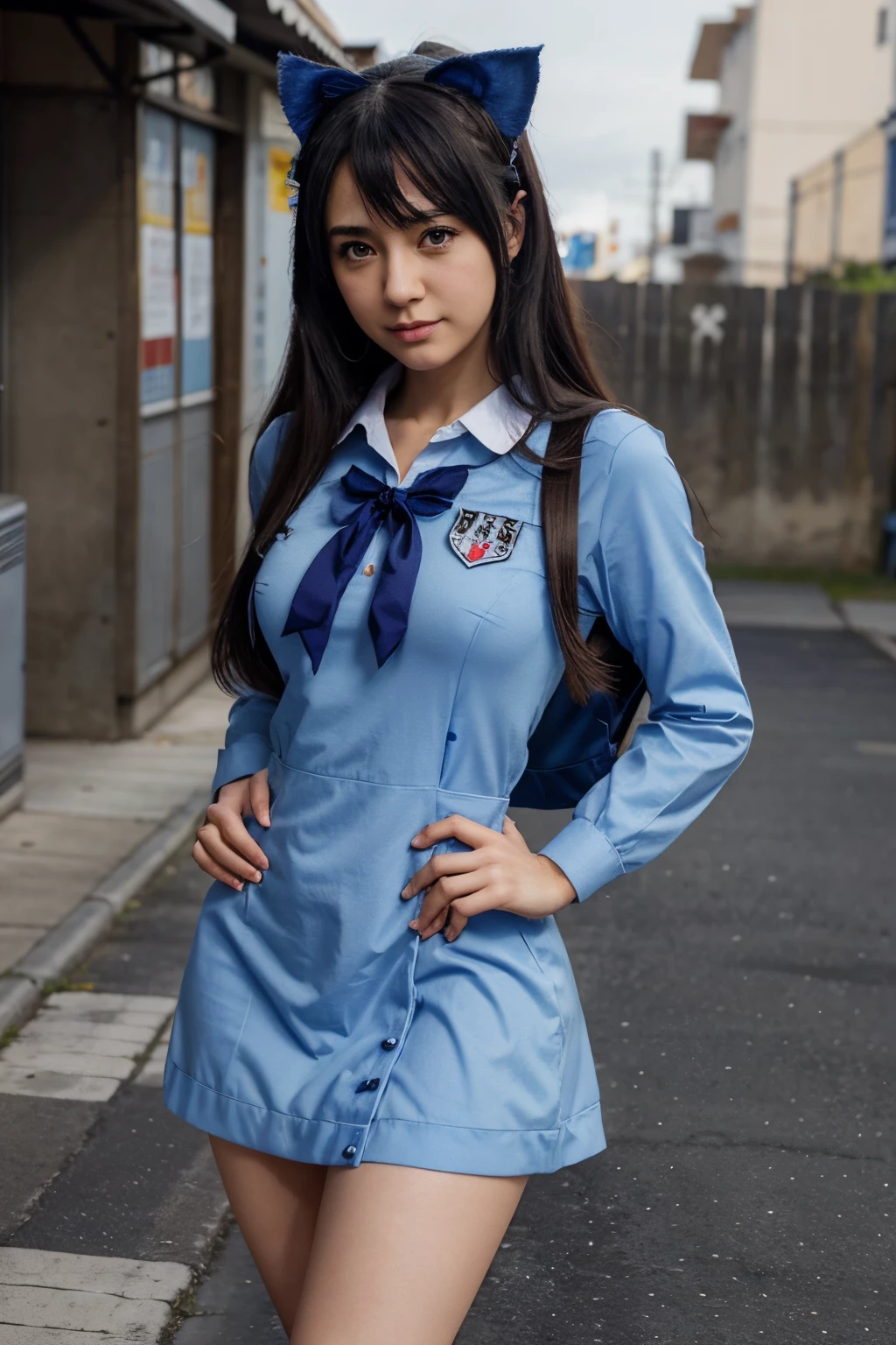 Chica anime con un vestido azul con orejas de gato y una falda., kantai collection style, Anime Moe Artstyle, Tsuadi, Mi anime Dress Up Darling, magical school student uniform, Modelo de YouTuber virtual live2d, Anime estilizado, Uniforme escolar de magia, Anime estilizado, Rei Hiroe, Fubuki, 2 d cg, Anime visual de una chica linda