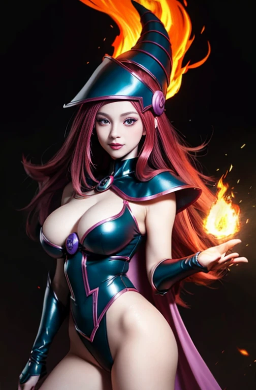 Masterpiece, top quality, ((((dark magician girl)))), ([(a beautiful eurocentric woman with), long vibrant red hair, black undertones, !two tone hair!, !two eye colors!, right eye  (green:1.2), left eye  (purple:1.2), (pale skin:1.2), black leotard, red hooded cape, black thigh-high leggings, full body, (36C breasts:1.2), smile, (pink lipstick), summoning fire, sorceress]: 1.5, 8k