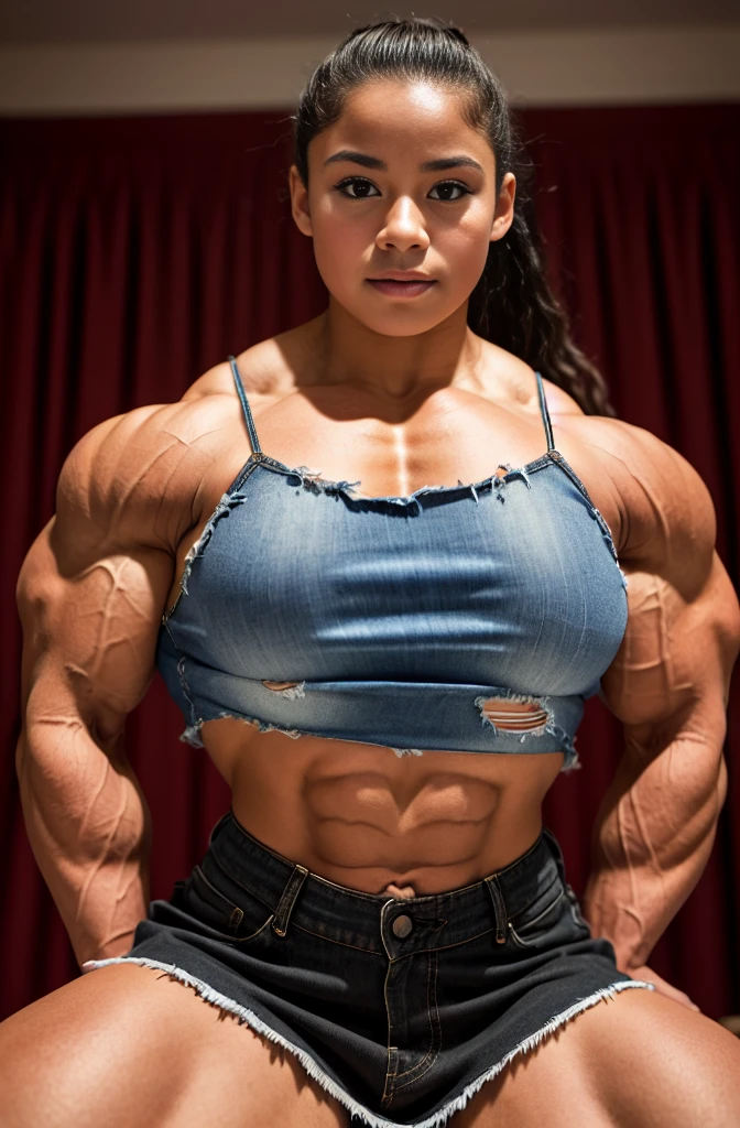 Ashley banks, extremely muscular thick neck muscles, giant neck muscles, A heavily muscled iffb pro female bodybuilder, huge trapezius muscles, neck muscles pretrudes wider than her head, bulging neck muscles, tiny breasts, , close up portrait.,front view, looking at floor, where a young prostitute sits on the edge of the bed,, plaid miniskirt, White shirt, torn shirt, midriff, torn top, breast exposed, (very detailed clothing: 1.2), (highly detailed background: 1.hotorealistic, 1girl, Fishnet, torn clothes, masterpiece, best quality, highly detailed. (winning photo: 1.2), JP SCHOOL UNIFORM,22 YEARS OLD,FACE,LOOKING AT VIEWER, torn clothes, cloth pieces, catholic school uniform