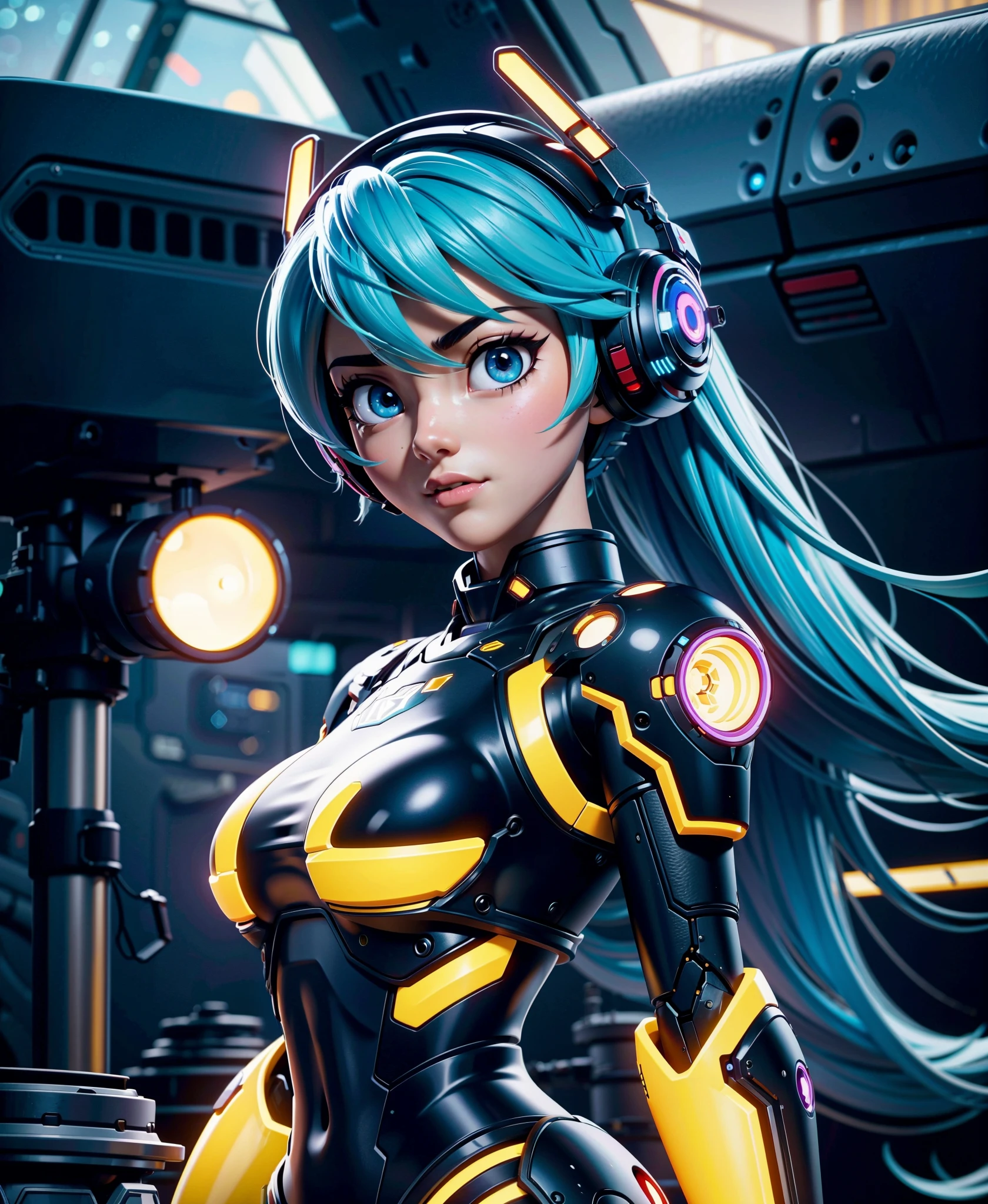 cgmech, beautiful eyes, upper body, underboob,  portrait, robot, armor, Hatsune Miku, neon light, 8K, RAW, best quality, masterpiece, ultra high res, colorful, (medium wide shot), (dynamic perspective), sharp focus , (depth of field, bokeh:1.3), extremely detailed eyes and face, beautiful detailed eyes,large breasts,(black gold, trimmed gear:1.2),(In a futuristic weapons factory:1.2), ((masterpiece, best quality)), Detailed background, spaceship interior