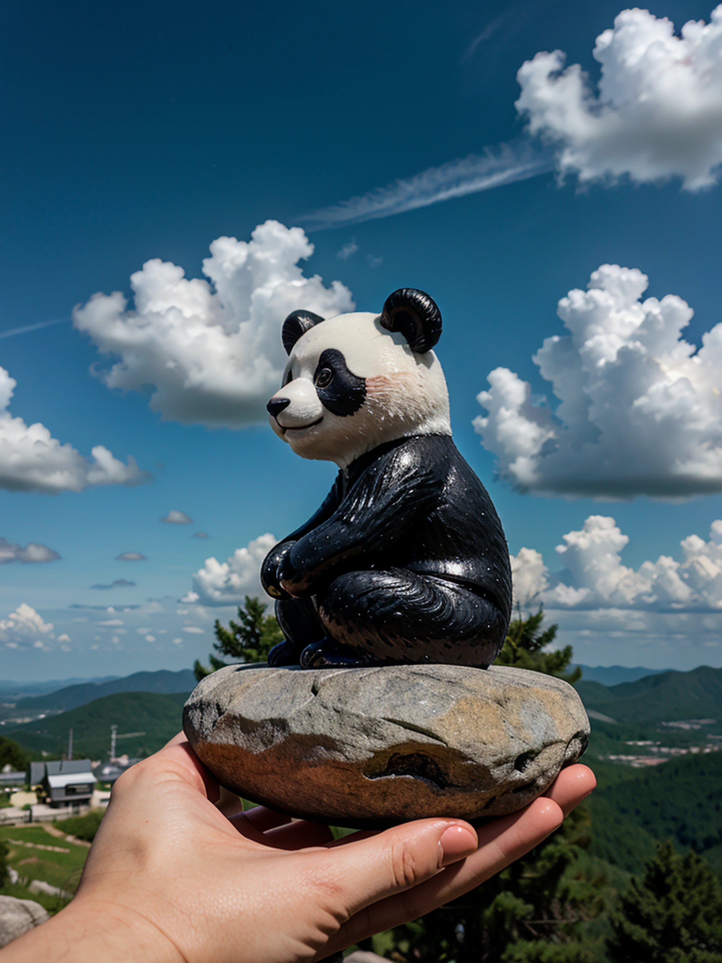 masterpiece, best quality,blind box toy style, ghibli-like colors, from the side, atmospheric perspective, f/1.8, UHD, masterpiece, ccurate, high detail, high quality, high resolution, a panda meditating, meditating, hands folded, chinese auspicious clouds, surrounding, flowing,