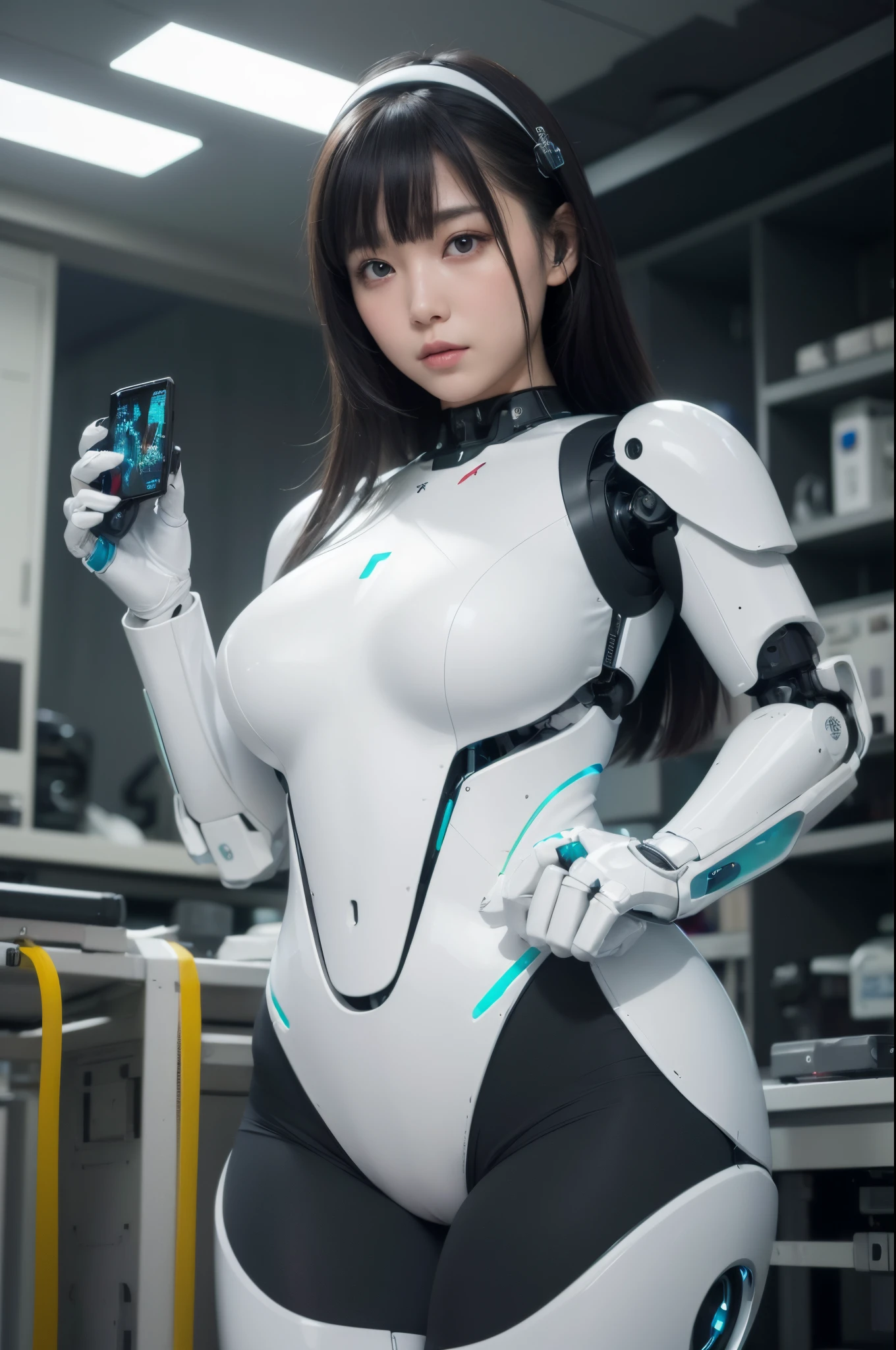 (Photorealistic:1.4), (Raw photo)masutepiece, Best Quality, Extremely detailed, (Photorealistic:1.4), (8K, 4K, Best Quality, hight resolution, 超A high resolution:1.1), 8K Portrait,1girl in, Japanese android gid,Plump , announcer,control panels,android,Droid,Mechanical Hand, ,Robot arms and legs, Black hair,Mechanical body,Blunt bangs,White Robotics Parts,perfect robot woman,Charging spot,Long Tube,A thick cable was connected to his neck.,ceramic body ,Mechanical body, mechanical ear covers,android,robot humanoid,Slightly Chubby,pantiy,complete eyes,Perfect machine body,White robot body,The laboratory of the future,android factory,mechanical ear covers,White and light blue uniform,aqua accent costume,