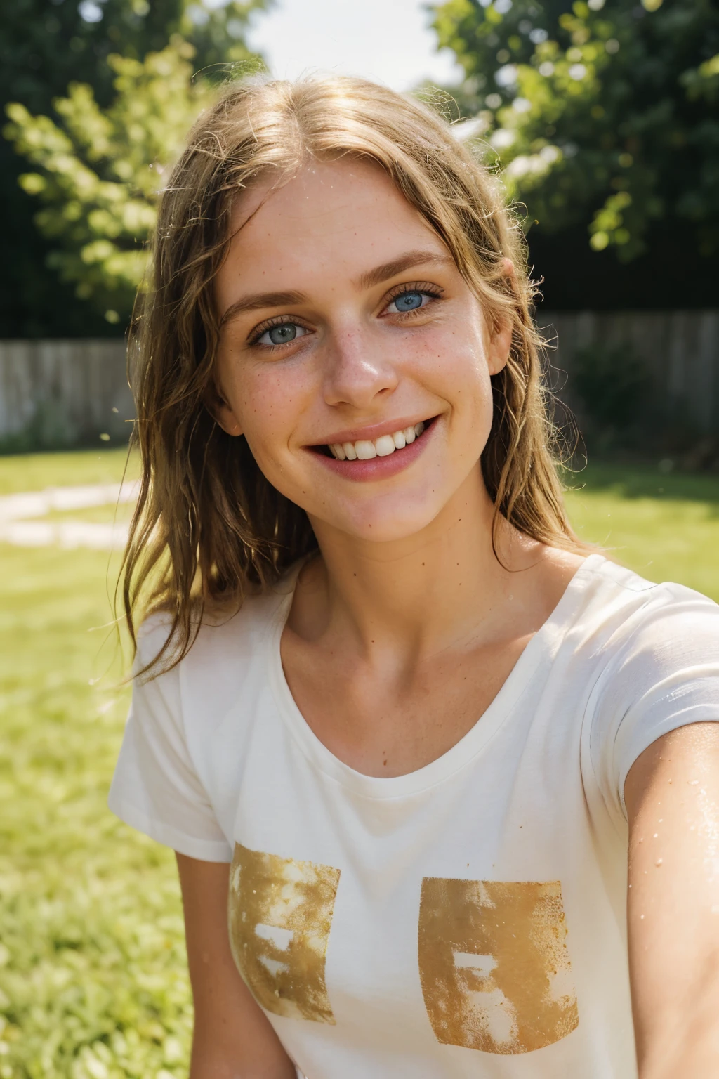photo of a beautiful girl taking a selfie with white and wet t-shirt in the yard, sun is hiting her face, small smiling, close mouth, weat skin, big beautiful eyes, natural, golden hour
