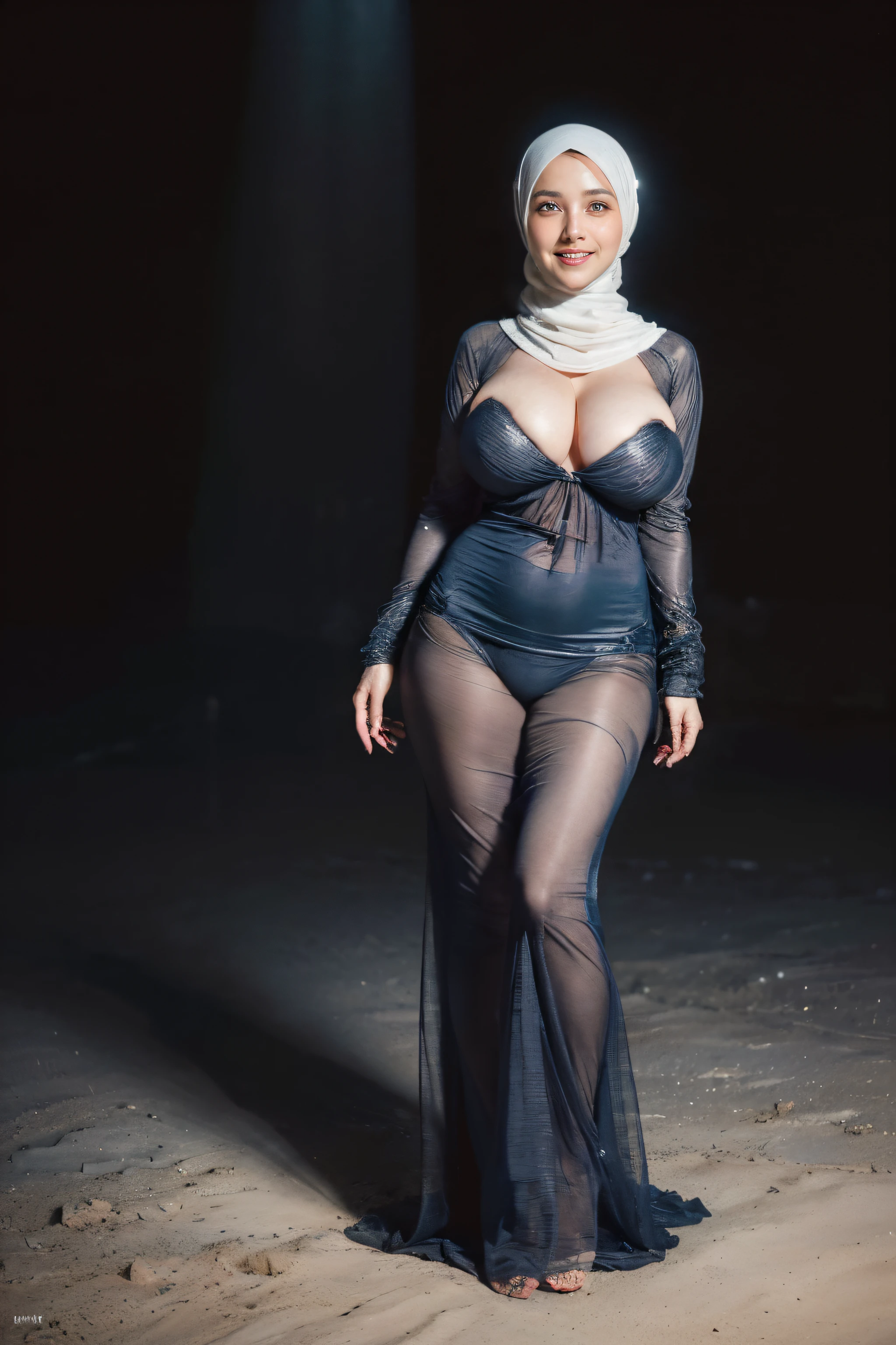 ((Muslim beatiful girl:1.3)) ((hijab)) ((large breasts)) (( pink Islamic dress)),((dark blue Tight fitting blouse :1.3)) ((thin_fabric:1.4)) ((random sexy pose:1.3)) ((sweaty:1.5))((face flushed:1.4)) ((big breasts:1.8)) ((close-up:1.2)) best quality,masterpiece,ultra high res,(photorealistic:1.4),raw photo,(Authentic skin texture:1.3),(film grain:1.anorama,character portrait,very wide shot,narrow waist,cowboy shot,(in the dark, deep shadow, low key, cold light,) night,(()),streaming tears,,dust,Tyndall effect,(expression),1girl,beautiful detailed eyes and face,white jabot,brown eyerown hair:1.2)) ((full body:1.3)) ((smile:1.3))