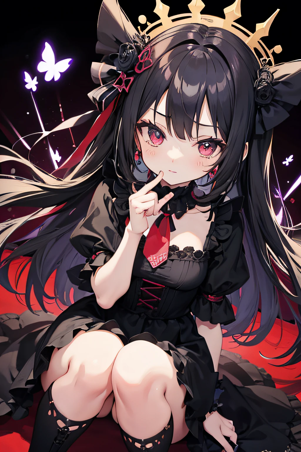 KurumiBase, (clock eyes), heterochromia, twintails, hairband, red dress, frills, detached sleeves, frilled choker,Lying down,bed,Blushing,View your viewers,Open Mouth Smile,Face close up,Simple Background,,best image quality,highest quality