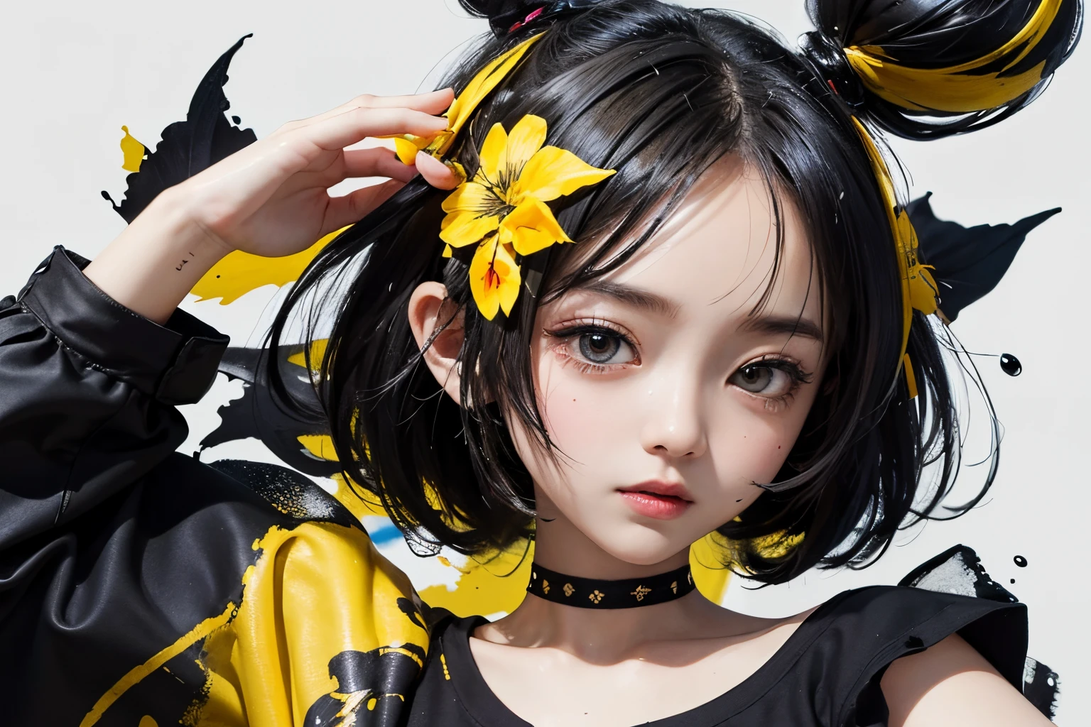 water paint art, ink drop, many color ink drop, yellow ink drop, black ink drop, high detailed line art, dancing kids, chibi style, super deformed, black t shirt, amazingly fine detail, highest quality, big file size, high detailed, masterpiece,