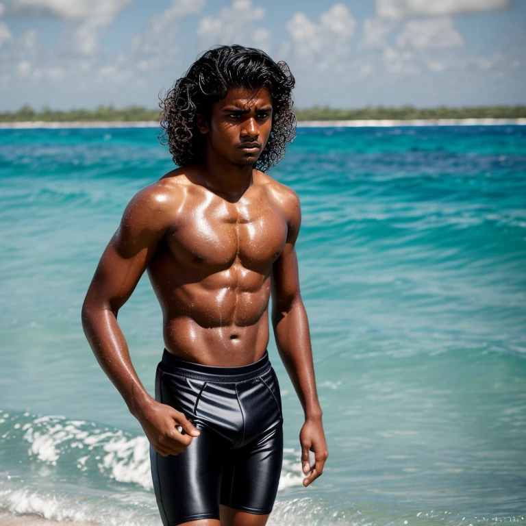 Maldivian male , black tights, beach boy, wavy hair, surfer, toned body, wet, soccer shorts and tights, angry face expression, bad boy, dominant, smooth face