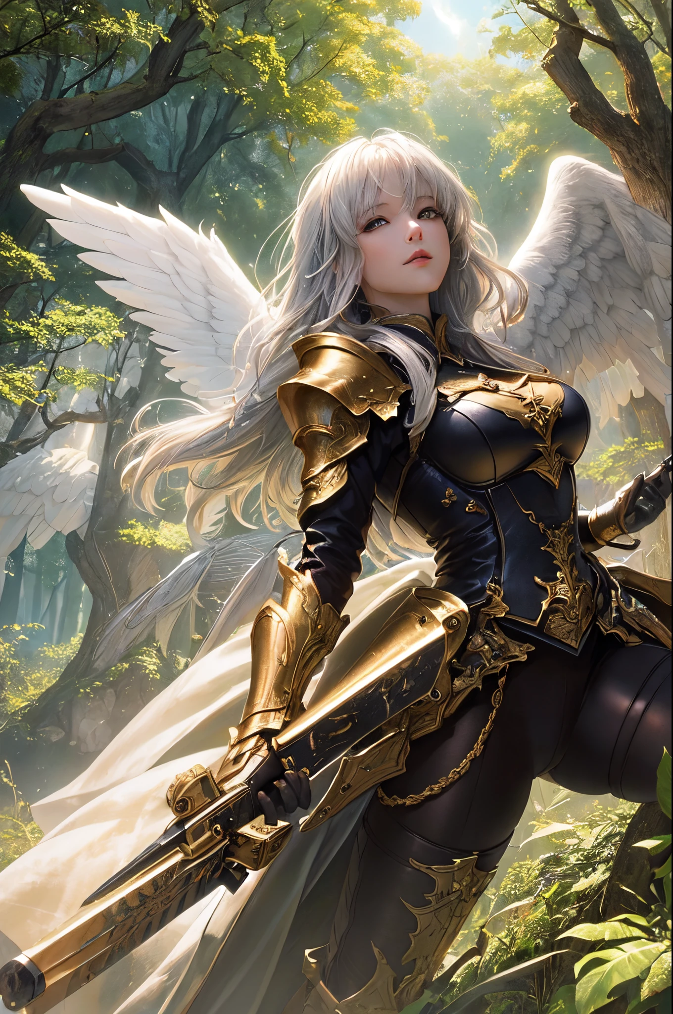 ((top-quality:1.4))、(unparalleled masterpiece ever)、(The ultra -The high-definition)、(ultra realistic 8k cg)、(Photorealsitic:1.4)、RAW Photography、ciinematic light,In the dark forest、The tree々Sunlight penetrates、(actionpose:1.4)、(dark shot:1.4)、Platinum White Hair、Beautiful angel covered with jewels、Highly detailed bronze armor、verd s eyes、Broken Angel Wings、、lensflare、Shading by sunlight、8 class large、thicc body、Add depth to images with backlight effects、 perfect anatomia、