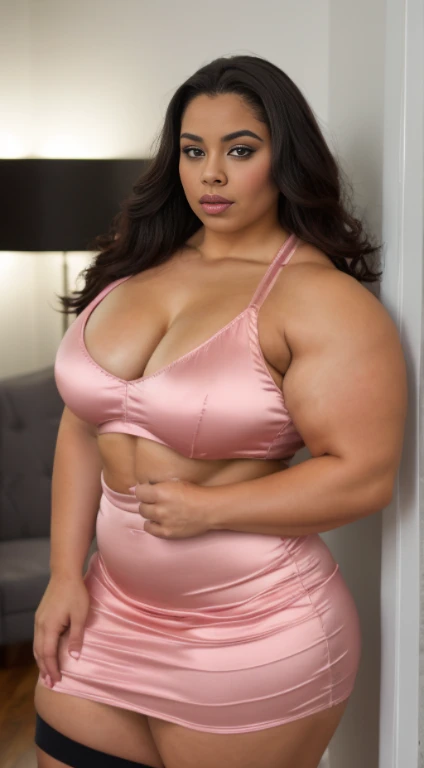 A large thick woman , wide hips, wide waist, wide shoulders, large torso , muscular biceps , Generate a full length fashion portrait of an overweight fat Ashley banks, huge muscular pecs, wearing a pink tight satin dress, black opaque stockings , in a bar