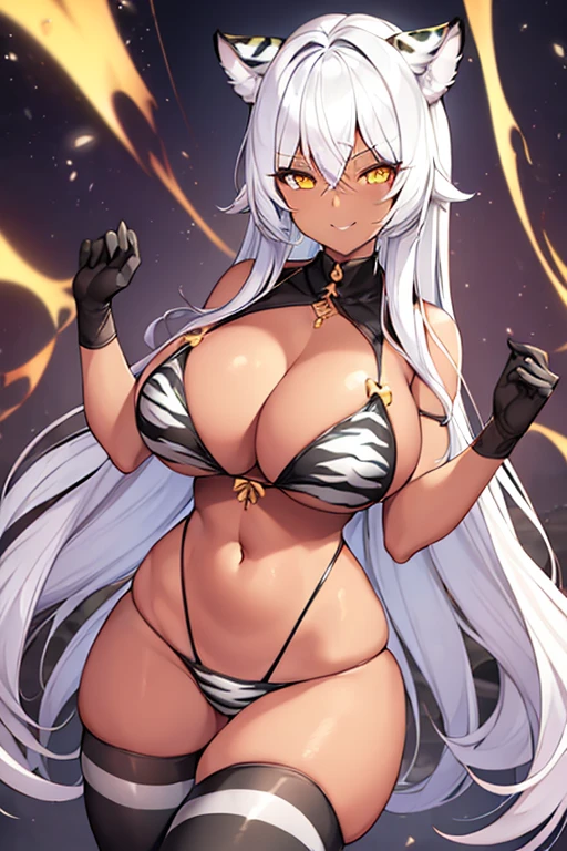 1girl, dark skin, dark body, white hair, long hair, breasts, large breasts, thick thighs, wide hips, tiger print, whote tiger, white tiger print, bikini, tiger ears, white tiger ears, smile, smirk, smug, thighhighs