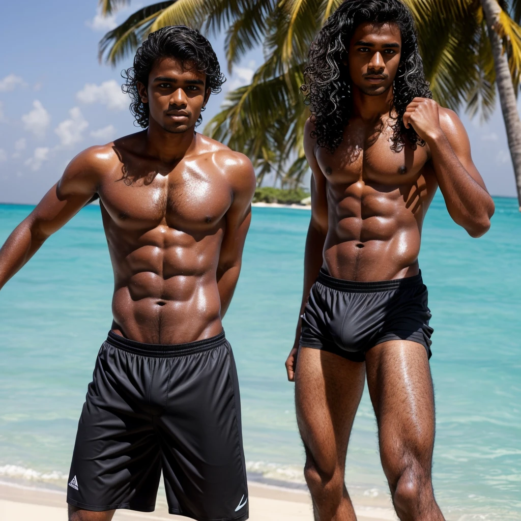 Maldivian male 18 years old , black tights, beach boy, wavy hair, toned body, wet, soccer shorts and tights, sexy face expression, bad boy, dominant, smooth face
