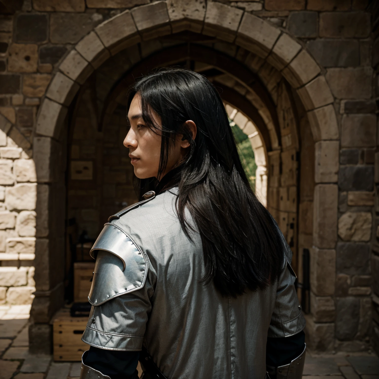 Im Jae-beom with long black hair back, y armadura negra sosteniendo una lanza dentro de un castillo como un guerrero medieval, mirando hacia el frente