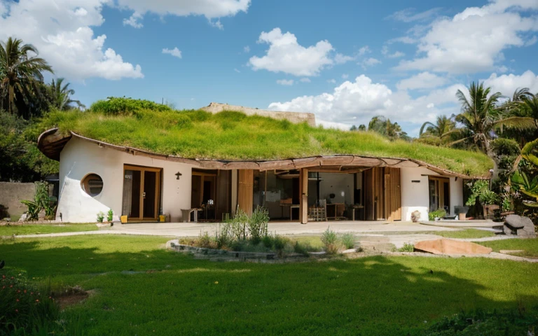 A photograph of a symmetrical contemporary house with (((one hyperbolic paraboloid green roof))) and (((biological pool))) and ((base wall foundation)) in a tropical backyard, mustard yellow terracota plaster walls (((rustic clay stucco))), ((corner walls rounded)), ((rustic clay plaster)), (((terracotta walls with rounded corners, organic curves and squared))), (((rustic earth plaster, mud))), (((hyperbolic-shaped green roof with wooden edge))), (((wooden roof structure, wooden rake, wooden fascia board))), eaves, ((roof with wooden structure)), In Bahia (((tropical garden))), ((natural houses, organic buildings, organic architecture)), ecovillage, sustainable architecture, bioconstruction architecture, solarpunk architecture, (((grass roof, green roof, green wave roof, rounded roof, vegetated roofs))), (((rock base foundation wall, foundation height 30cm, stone base wall 30cm high))), ((green architecture)), passive house, clear sky in the background, painful beauty, modern, imposing, green house, ((Bali hobbit Hadid Style)), super resolution, cinematic, color grading, editorial photography, photography, photo shoot, (((dramatic front eye top angle view))), O 50mm, depth of field, intricate details, natural colors, sharp focus, warm light, shutter speed 1/1000, F/22, White Balance, Ray Trace Reflections, Lumen Reflections, Screen Space Reflections, Diffraction Rating, Chromatic Aberration, GB Shift, Partial Lighting, Backlighting, Daylighting, Scan Lines, ambient occlusion, antialiasing, shaders, OpenGL-Shaders, GLSL-Shaders, Post-processing, post-production, shading, tone mapping, incredibly detailed and complex, hypermaximalist, elegant, hyperrealistic, super detailed, dynamic pose, Fujifilm XT