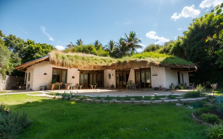 A photograph of a symmetrical contemporary house with (((one hyperbolic paraboloid green roof))) and (((biological pool))) and ((base wall foundation)) in a tropical backyard, mustard yellow terracota plaster walls (((rustic clay stucco))), ((corner walls rounded)), ((rustic clay plaster)), (((terracotta walls with rounded corners, organic curves and squared))), (((rustic earth plaster, mud))), (((hyperbolic-shaped green roof with wooden edge))), (((wooden roof structure, wooden rake, wooden fascia board))), eaves, ((roof with wooden structure)), In Bahia (((tropical garden))), ((natural houses, organic buildings, organic architecture)), ecovillage, sustainable architecture, bioconstruction architecture, solarpunk architecture, (((grass roof, green roof, green wave roof, rounded roof, vegetated roofs))), (((rock base foundation wall, foundation height 30cm, stone base wall 30cm high))), ((green architecture)), passive house, clear sky in the background, painful beauty, modern, imposing, green house, ((Bali hobbit Hadid Style)), super resolution, cinematic, color grading, editorial photography, photography, photo shoot, (((dramatic front eye top angle view))), O 50mm, depth of field, intricate details, natural colors, sharp focus, warm light, shutter speed 1/1000, F/22, White Balance, Ray Trace Reflections, Lumen Reflections, Screen Space Reflections, Diffraction Rating, Chromatic Aberration, GB Shift, Partial Lighting, Backlighting, Daylighting, Scan Lines, ambient occlusion, antialiasing, shaders, OpenGL-Shaders, GLSL-Shaders, Post-processing, post-production, shading, tone mapping, incredibly detailed and complex, hypermaximalist, elegant, hyperrealistic, super detailed, dynamic pose, Fujifilm XT