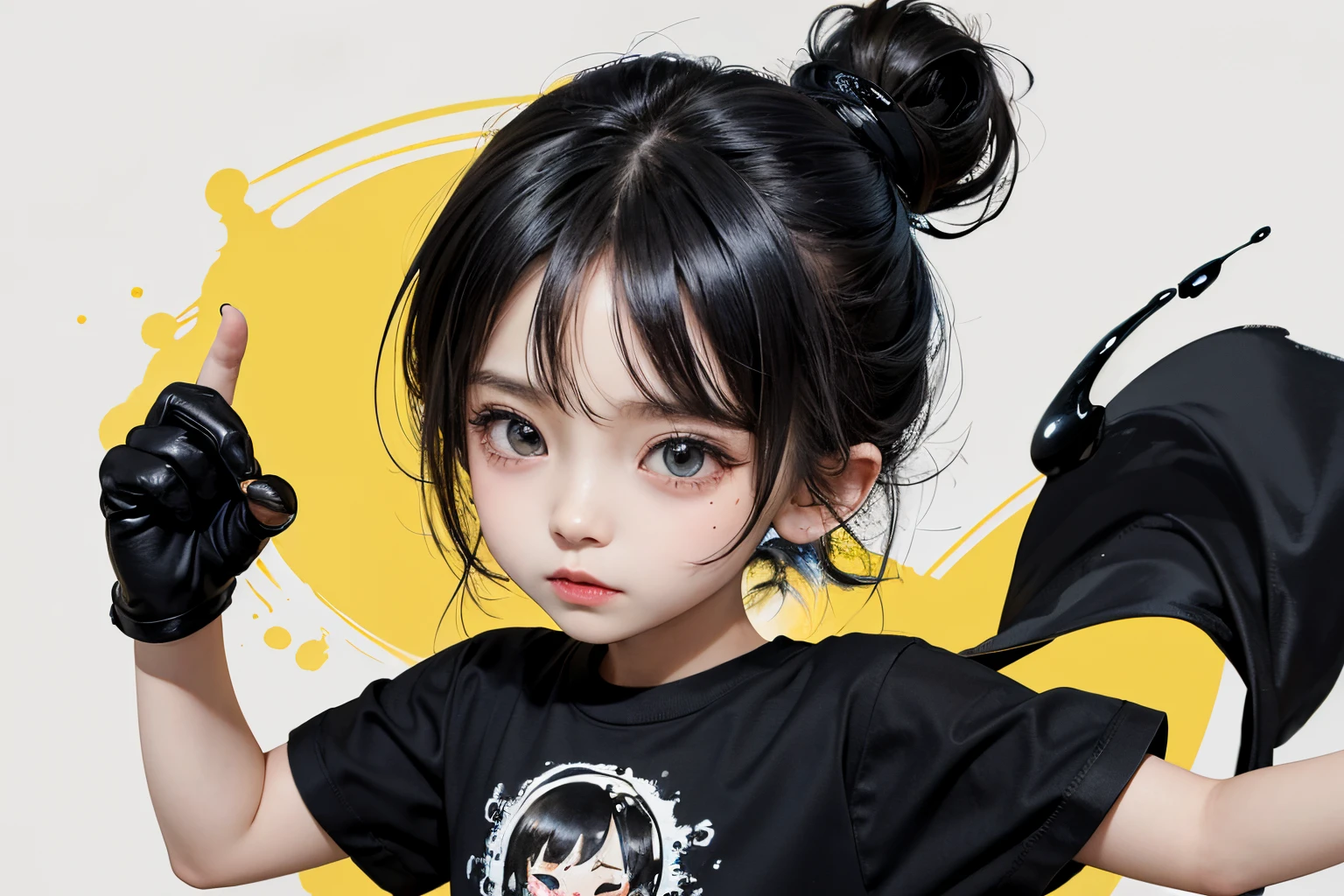 water paint art, ink drop, many color ink drop, yellow ink drop, black ink drop, high detailed line art, dancing kids, chibi style, super deformed, black t shirt, amazingly fine detail, highest quality, big file size, high detailed, masterpiece,