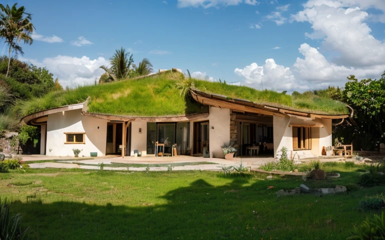 A photograph of a symmetrical contemporary house with (((one hyperbolic paraboloid green roof))) and (((biological pool))) and ((base wall foundation)) in a tropical backyard, mustard yellow terracota plaster walls (((rustic clay stucco))), ((corner walls rounded)), ((rustic clay plaster)), (((terracotta walls with rounded corners, organic curves and squared))), (((rustic earth plaster, mud))), (((hyperbolic-shaped green roof with wooden edge))), (((wooden roof structure, wooden rake, wooden fascia board))), eaves, ((roof with wooden structure)), In Bahia (((tropical garden))), ((natural houses, organic buildings, organic architecture)), ecovillage, sustainable architecture, bioconstruction architecture, solarpunk architecture, (((grass roof, green roof, green wave roof, rounded roof, vegetated roofs))), (((rock base foundation wall, foundation height 30cm, stone base wall 30cm high))), ((green architecture)), passive house, clear sky in the background, painful beauty, modern, imposing, green house, ((Bali hobbit Hadid Style)), super resolution, cinematic, color grading, editorial photography, photography, photo shoot, (((dramatic front eye top angle view))), O 50mm, depth of field, intricate details, natural colors, sharp focus, warm light, shutter speed 1/1000, F/22, White Balance, Ray Trace Reflections, Lumen Reflections, Screen Space Reflections, Diffraction Rating, Chromatic Aberration, GB Shift, Partial Lighting, Backlighting, Daylighting, Scan Lines, ambient occlusion, antialiasing, shaders, OpenGL-Shaders, GLSL-Shaders, Post-processing, post-production, shading, tone mapping, incredibly detailed and complex, hypermaximalist, elegant, hyperrealistic, super detailed, dynamic pose, Fujifilm XT