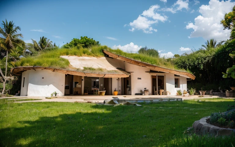 A photograph of a symmetrical contemporary house with (((one hyperbolic paraboloid green roof))) and (((biological pool))) and ((base wall foundation)) in a tropical backyard, mustard yellow terracota plaster walls (((rustic clay stucco))), ((corner walls rounded)), ((rustic clay plaster)), (((terracotta walls with rounded corners, organic curves and squared))), (((rustic earth plaster, mud))), (((hyperbolic-shaped green roof with wooden edge))), (((wooden roof structure, wooden rake, wooden fascia board))), eaves, ((roof with wooden structure)), In Bahia (((tropical garden))), ((natural houses, organic buildings, organic architecture)), ecovillage, sustainable architecture, bioconstruction architecture, solarpunk architecture, (((grass roof, green roof, green wave roof, rounded roof, vegetated roofs))), (((rock base foundation wall, foundation height 30cm, stone base wall 30cm high))), ((green architecture)), passive house, clear sky in the background, painful beauty, modern, imposing, green house, ((Bali hobbit Hadid Style)), super resolution, cinematic, color grading, editorial photography, photography, photo shoot, (((dramatic front eye top angle view))), O 50mm, depth of field, intricate details, natural colors, sharp focus, warm light, shutter speed 1/1000, F/22, White Balance, Ray Trace Reflections, Lumen Reflections, Screen Space Reflections, Diffraction Rating, Chromatic Aberration, GB Shift, Partial Lighting, Backlighting, Daylighting, Scan Lines, ambient occlusion, antialiasing, shaders, OpenGL-Shaders, GLSL-Shaders, Post-processing, post-production, shading, tone mapping, incredibly detailed and complex, hypermaximalist, elegant, hyperrealistic, super detailed, dynamic pose, Fujifilm XT