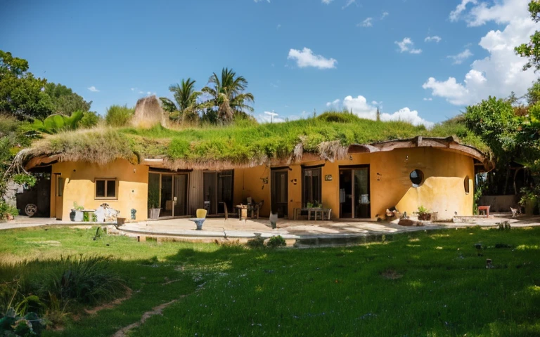 A photograph of a symmetrical contemporary house with (((one hyperbolic paraboloid green roof))) and (((biological pool))) and ((base wall foundation)) in a tropical backyard, mustard yellow terracota plaster walls (((rustic clay stucco))), ((corner walls rounded)), ((rustic clay plaster)), (((terracotta walls with rounded corners, organic curves and squared))), (((rustic earth plaster, mud))), (((hyperbolic-shaped green roof with wooden edge))), (((wooden roof structure, wooden rake, wooden fascia board))), eaves, ((roof with wooden structure)), In Bahia (((tropical garden))), ((natural houses, organic buildings, organic architecture)), ecovillage, sustainable architecture, bioconstruction architecture, solarpunk architecture, (((grass roof, green roof, green wave roof, rounded roof, vegetated roofs))), (((rock base foundation wall, foundation height 30cm, stone base wall 30cm high))), ((green architecture)), passive house, clear sky in the background, painful beauty, modern, imposing, green house, ((Bali hobbit Hadid Style)), super resolution, cinematic, color grading, editorial photography, photography, photo shoot, (((dramatic front eye top angle view))), O 50mm, depth of field, intricate details, natural colors, sharp focus, warm light, shutter speed 1/1000, F/22, White Balance, Ray Trace Reflections, Lumen Reflections, Screen Space Reflections, Diffraction Rating, Chromatic Aberration, GB Shift, Partial Lighting, Backlighting, Daylighting, Scan Lines, ambient occlusion, antialiasing, shaders, OpenGL-Shaders, GLSL-Shaders, Post-processing, post-production, shading, tone mapping, incredibly detailed and complex, hypermaximalist, elegant, hyperrealistic, super detailed, dynamic pose, Fujifilm XT