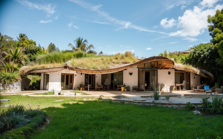 A photograph of a symmetrical contemporary house with (((one hyperbolic paraboloid green roof))) and (((biological pool))) and ((base wall foundation)) in a tropical backyard, mustard yellow terracota plaster walls (((rustic clay stucco))), ((corner walls rounded)), ((rustic clay plaster)), (((terracotta walls with rounded corners, organic curves and squared))), (((rustic earth plaster, mud))), (((hyperbolic-shaped green roof with wooden edge))), (((wooden roof structure, wooden rake, wooden fascia board))), eaves, ((roof with wooden structure)), In Bahia (((tropical garden))), ((natural houses, organic buildings, organic architecture)), ecovillage, sustainable architecture, bioconstruction architecture, solarpunk architecture, (((grass roof, green roof, green wave roof, rounded roof, vegetated roofs))), (((rock base foundation wall, foundation height 30cm, stone base wall 30cm high))), ((green architecture)), passive house, clear sky in the background, painful beauty, modern, imposing, green house, ((Bali hobbit Hadid Style)), super resolution, cinematic, color grading, editorial photography, photography, photo shoot, (((dramatic front eye top angle view))), O 50mm, depth of field, intricate details, natural colors, sharp focus, warm light, shutter speed 1/1000, F/22, White Balance, Ray Trace Reflections, Lumen Reflections, Screen Space Reflections, Diffraction Rating, Chromatic Aberration, GB Shift, Partial Lighting, Backlighting, Daylighting, Scan Lines, ambient occlusion, antialiasing, shaders, OpenGL-Shaders, GLSL-Shaders, Post-processing, post-production, shading, tone mapping, incredibly detailed and complex, hypermaximalist, elegant, hyperrealistic, super detailed, dynamic pose, Fujifilm XT