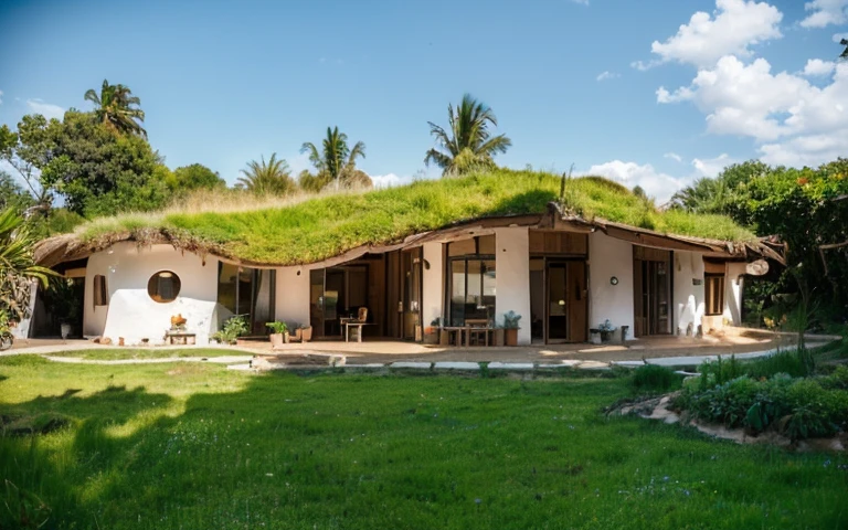 A photograph of a symmetrical contemporary house with (((one hyperbolic paraboloid green roof))) and (((biological pool))) and ((base wall foundation)) in a tropical backyard, mustard yellow terracota plaster walls (((rustic clay stucco))), ((corner walls rounded)), ((rustic clay plaster)), (((terracotta walls with rounded corners, organic curves and squared))), (((rustic earth plaster, mud))), (((hyperbolic-shaped green roof with wooden edge))), (((wooden roof structure, wooden rake, wooden fascia board))), eaves, ((roof with wooden structure)), In Bahia (((tropical garden))), ((natural houses, organic buildings, organic architecture)), ecovillage, sustainable architecture, bioconstruction architecture, solarpunk architecture, (((grass roof, green roof, green wave roof, rounded roof, vegetated roofs))), (((rock base foundation wall, foundation height 30cm, stone base wall 30cm high))), ((green architecture)), passive house, clear sky in the background, painful beauty, modern, imposing, green house, ((Bali hobbit Hadid Style)), super resolution, cinematic, color grading, editorial photography, photography, photo shoot, (((dramatic front eye top angle view))), O 50mm, depth of field, intricate details, natural colors, sharp focus, warm light, shutter speed 1/1000, F/22, White Balance, Ray Trace Reflections, Lumen Reflections, Screen Space Reflections, Diffraction Rating, Chromatic Aberration, GB Shift, Partial Lighting, Backlighting, Daylighting, Scan Lines, ambient occlusion, antialiasing, shaders, OpenGL-Shaders, GLSL-Shaders, Post-processing, post-production, shading, tone mapping, incredibly detailed and complex, hypermaximalist, elegant, hyperrealistic, super detailed, dynamic pose, Fujifilm XT