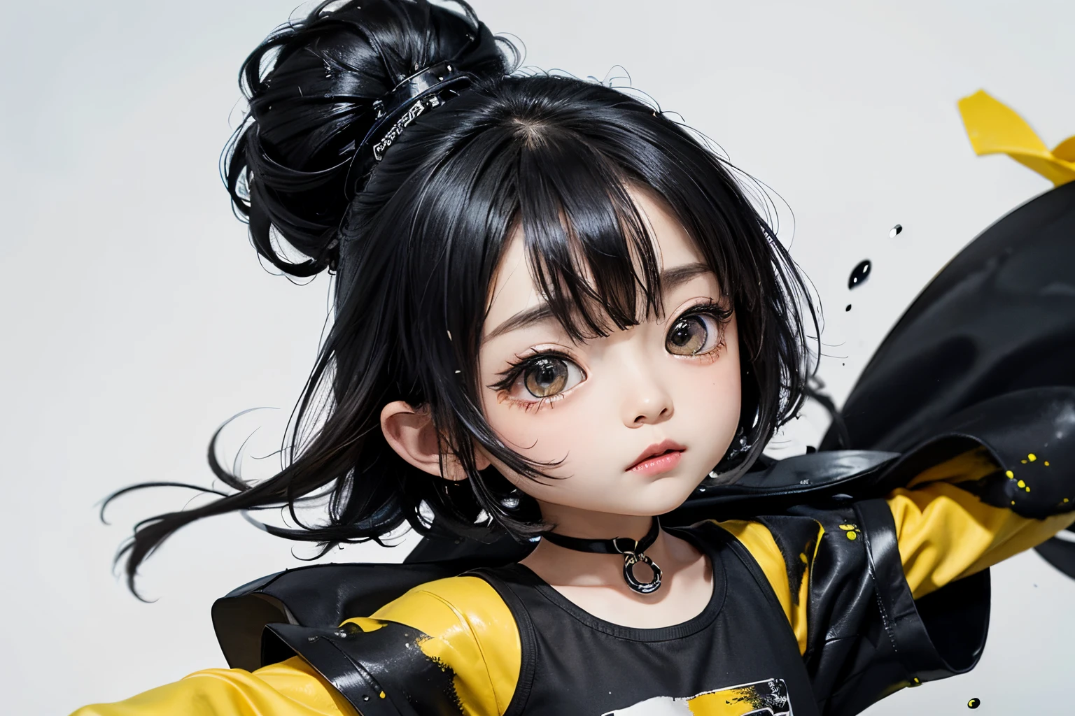 water paint art, ink drop, many color ink drop, yellow ink drop, black ink drop, high detailed line art, dancing kids, chibi style, super deformed, black t shirt, amazingly fine detail, highest quality, big file size, high detailed, masterpiece,