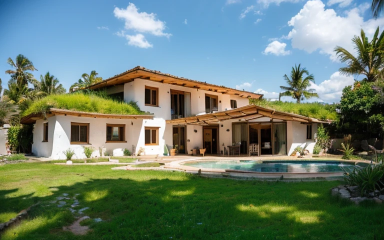 A photograph of a symmetrical contemporary house with (((one hyperbolic paraboloid green roof))) and (((biological pool))) and ((base wall foundation)) in a tropical backyard, mustard yellow terracota plaster walls (((rustic clay stucco))), ((corner walls rounded)), ((rustic clay plaster)), (((terracotta walls with rounded corners, organic curves and squared))), (((rustic earth plaster, mud))), (((hyperbolic-shaped green roof with wooden edge))), (((wooden roof structure, wooden rake, wooden fascia board))), eaves, ((roof with wooden structure)), In Bahia (((tropical garden))), ((natural houses, organic buildings, organic architecture)), ecovillage, sustainable architecture, bioconstruction architecture, solarpunk architecture, (((grass roof, green roof, green wave roof, rounded roof, vegetated roofs))), (((rock base foundation wall, foundation height 30cm, stone base wall 30cm high))), ((green architecture)), passive house, clear sky in the background, painful beauty, modern, imposing, green house, ((Bali hobbit Hadid Style)), super resolution, cinematic, color grading, editorial photography, photography, photo shoot, (((dramatic front eye top angle view))), O 50mm, depth of field, intricate details, natural colors, sharp focus, warm light, shutter speed 1/1000, F/22, White Balance, Ray Trace Reflections, Lumen Reflections, Screen Space Reflections, Diffraction Rating, Chromatic Aberration, GB Shift, Partial Lighting, Backlighting, Daylighting, Scan Lines, ambient occlusion, antialiasing, shaders, OpenGL-Shaders, GLSL-Shaders, Post-processing, post-production, shading, tone mapping, incredibly detailed and complex, hypermaximalist, elegant, hyperrealistic, super detailed, dynamic pose, Fujifilm XT