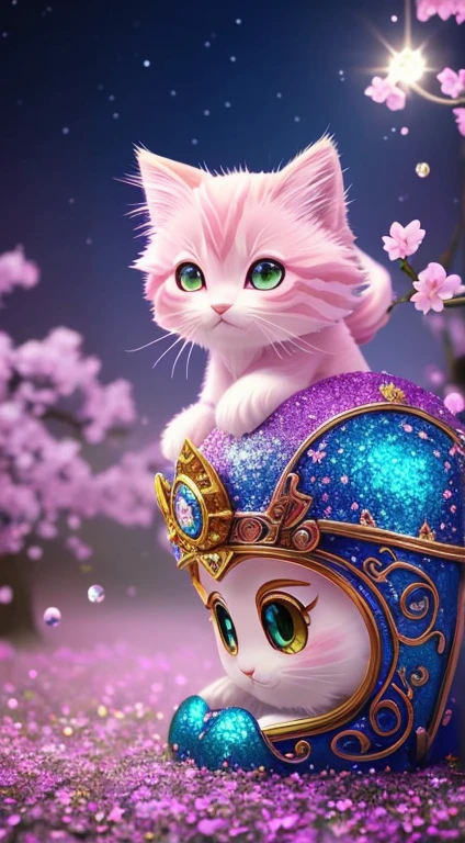side view, oversaturate, colorfully, Fairytale, dreamlike, Cinematic character render, oil painting, 3D, 8k resolution, sequins, glitter, sakura forest, moonlight, Close up Portrait adorable chibi kawaii anthropomorphic kitten king, Detailed eyes, large round reflective eyes,