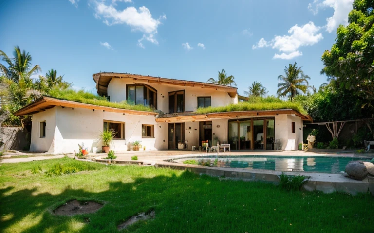A photograph of a symmetrical contemporary house with (((one hyperbolic paraboloid green roof))) and (((biological pool))) and ((base wall foundation)) in a tropical backyard, mustard yellow terracota plaster walls (((rustic clay stucco))), ((corner walls rounded)), ((rustic clay plaster)), (((terracotta walls with rounded corners, organic curves and squared))), (((rustic earth plaster, mud))), (((hyperbolic-shaped green roof with wooden edge))), (((wooden roof structure, wooden rake, wooden fascia board))), eaves, ((roof with wooden structure)), In Bahia (((tropical garden))), ((natural houses, organic buildings, organic architecture)), ecovillage, sustainable architecture, bioconstruction architecture, solarpunk architecture, (((grass roof, green roof, green wave roof, rounded roof, vegetated roofs))), (((rock base foundation wall, foundation height 30cm, stone base wall 30cm high))), ((green architecture)), passive house, clear sky in the background, painful beauty, modern, imposing, green house, ((Bali hobbit Hadid Style)), super resolution, cinematic, color grading, editorial photography, photography, photo shoot, (((dramatic front eye top angle view))), O 50mm, depth of field, intricate details, natural colors, sharp focus, warm light, shutter speed 1/1000, F/22, White Balance, Ray Trace Reflections, Lumen Reflections, Screen Space Reflections, Diffraction Rating, Chromatic Aberration, GB Shift, Partial Lighting, Backlighting, Daylighting, Scan Lines, ambient occlusion, antialiasing, shaders, OpenGL-Shaders, GLSL-Shaders, Post-processing, post-production, shading, tone mapping, incredibly detailed and complex, hypermaximalist, elegant, hyperrealistic, super detailed, dynamic pose, Fujifilm XT