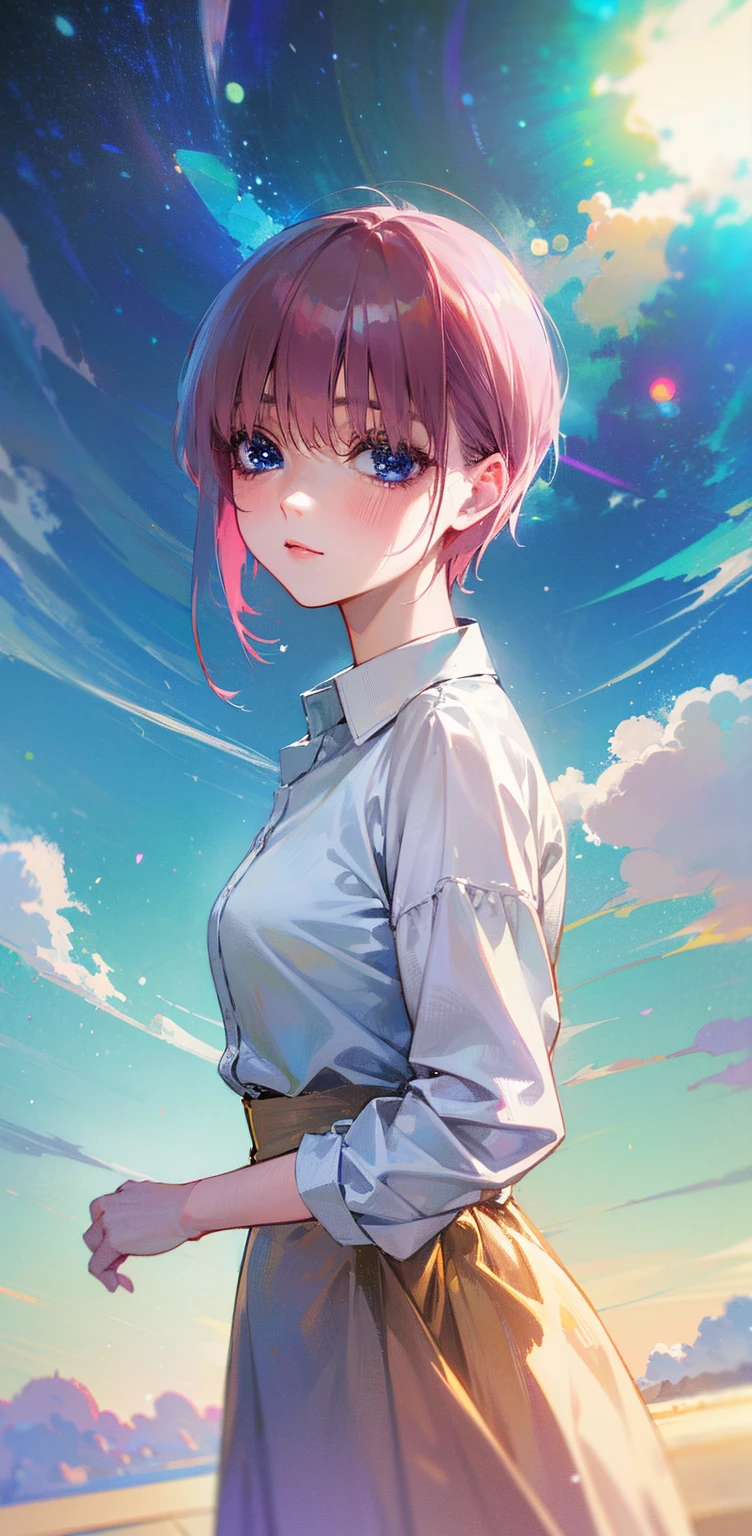 PINK HAIR, Wallpaper inspired by Your Name movie by Makoto shinkai. Starry sky, masterpiece, perfect anatomy, romantic, Kimi no na wa, extremely detailed faces. Cute faces, perfect faces, masterpiece, 4k, Cute as a dream、MAKE HER HAIR PINK, (masterpiece、top-quality、top-quality, Ultra Detail, Movie, Hyper Realism, Soft Light, Deep Focus Bokeh, Ray Tracing, --niji 5. crystal, PINK HAIR, fantasy, galaxy, transparent, shimmering, sparkling, splendid, colorful, magical photography, dramatic lighting, Ichika Nakano, short pink hair, blue eyes, nakano_ichika, photography pose, cowboy shot, close shot, collared white shirt slightly umbuttoned, iridescent, PINK HAIR, cute, crystal, love, blushing, sweet expression, splendid delicate dress, blue sky, iridescent clouds, pastels, dark starry sky,