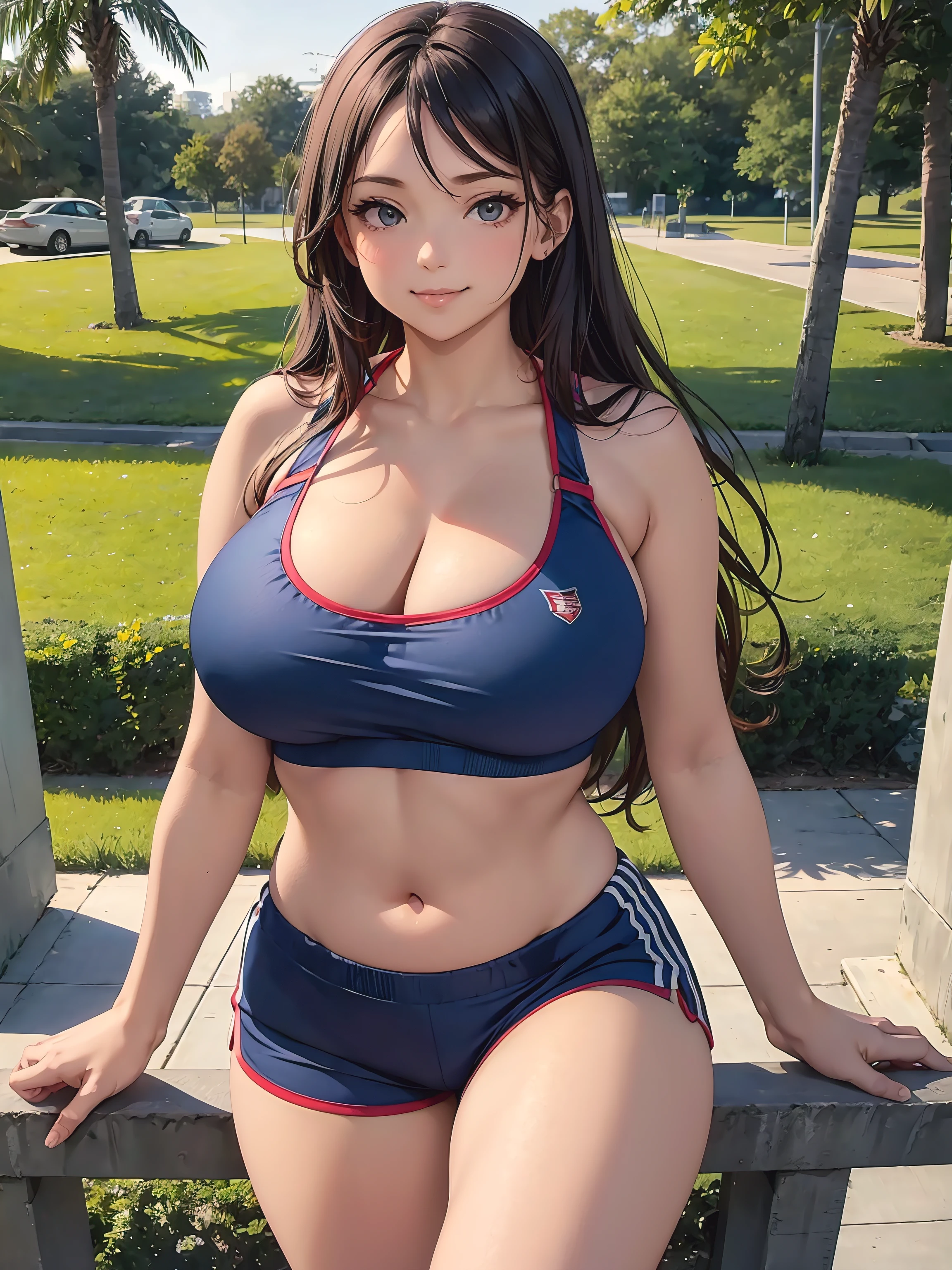 1girl, curvy body, voluptuous, fitting breasts, smirk, wearing a navy blue and red sports bra, Sport shorts, in a park, posing, lustful, evening, warm light,