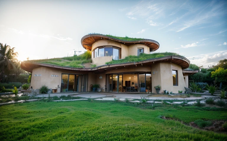 A photograph of a symmetrical contemporary house with (((one hyperbolic paraboloid green roof))) and (((biological pool))) and ((base wall foundation)) in a tropical backyard, mustard yellow terracota plaster walls (((rustic clay stucco))), ((corner walls rounded)), ((rustic clay plaster)), (((terracotta walls with rounded corners, organic curves and squared))), (((rustic earth plaster, mud))), (((hyperbolic-shaped green roof with wooden edge))), (((wooden roof structure, wooden rake, wooden fascia board))), eaves, ((roof with wooden structure)), In Bahia (((tropical garden))), ((natural houses, organic buildings, organic architecture)), ecovillage, sustainable architecture, bioconstruction architecture, solarpunk architecture, (((grass roof, green roof, green wave roof, rounded roof, vegetated roofs))), (((rock base foundation wall, foundation height 30cm, stone base wall 30cm high))), ((green architecture)), passive house, clear sky in the background, painful beauty, modern, imposing, green house, ((Bali hobbit Hadid Style)), super resolution, cinematic, color grading, editorial photography, photography, photo shoot, (((dramatic front eye top angle view))), O 50mm, depth of field, intricate details, natural colors, sharp focus, warm light, shutter speed 1/1000, F/22, White Balance, Ray Trace Reflections, Lumen Reflections, Screen Space Reflections, Diffraction Rating, Chromatic Aberration, GB Shift, Partial Lighting, Backlighting, Daylighting, Scan Lines, ambient occlusion, antialiasing, shaders, OpenGL-Shaders, GLSL-Shaders, Post-processing, post-production, shading, tone mapping, incredibly detailed and complex, hypermaximalist, elegant, hyperrealistic, super detailed, dynamic pose, Fujifilm XT