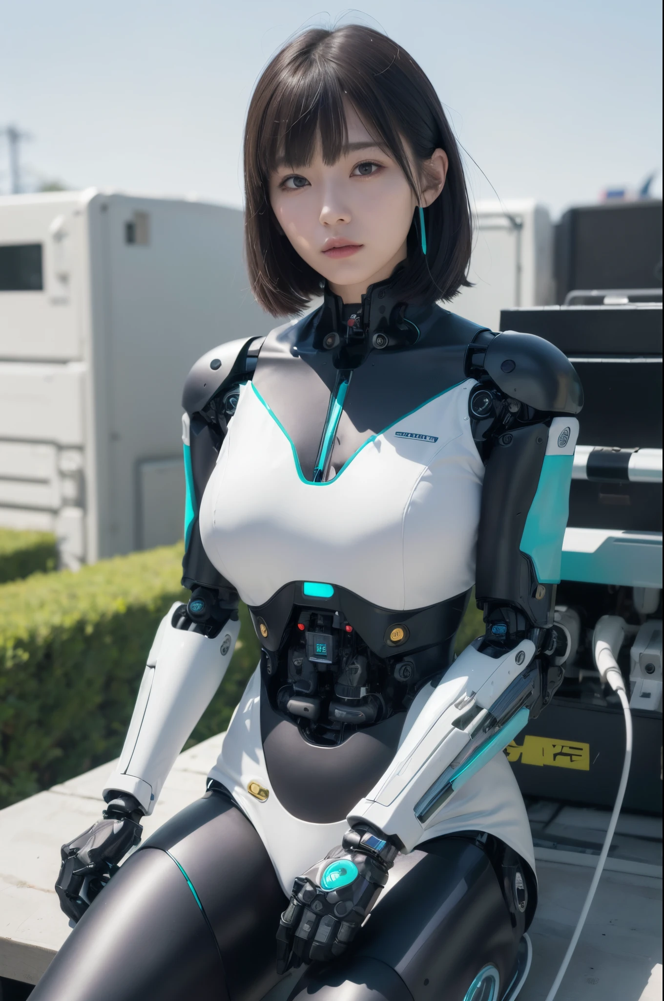 (Photorealistic:1.4), (Raw photo)masutepiece, Best Quality, Extremely detailed, (Photorealistic:1.4), (8K, 4K, Best Quality, hight resolution, 超A high resolution:1.1), 8K Portrait,1girl in, Japanese android gid,Plump , announcer,control panels,android,Droid,Mechanical Hand, ,Robot arms and legs, Black hair,Mechanical body,Blunt bangs,White Robotics Parts,perfect robot woman,Charging spot,Long Tube,A thick cable was connected to his neck.,ceramic body ,Mechanical body, mechanical ear covers,android,robot humanoid,Slightly Chubby,pantiy,complete eyes,Perfect machine body,White robot body,The laboratory of the future,android factory,mechanical ear covers,White and light blue uniform,aqua accent costume,