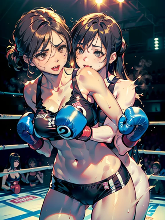 ((Mature female boxer and boxer girl)), sexy lips, sports bra, ((boxing gloves ,sweat all over the body,（An enthusiastic look）,steam,((Hugs boxer girl from behind)),((two womans)),in crotch,Inserted from behind,eyes rolling,Ripe body,Immature Body,NSFW,female face,standing back