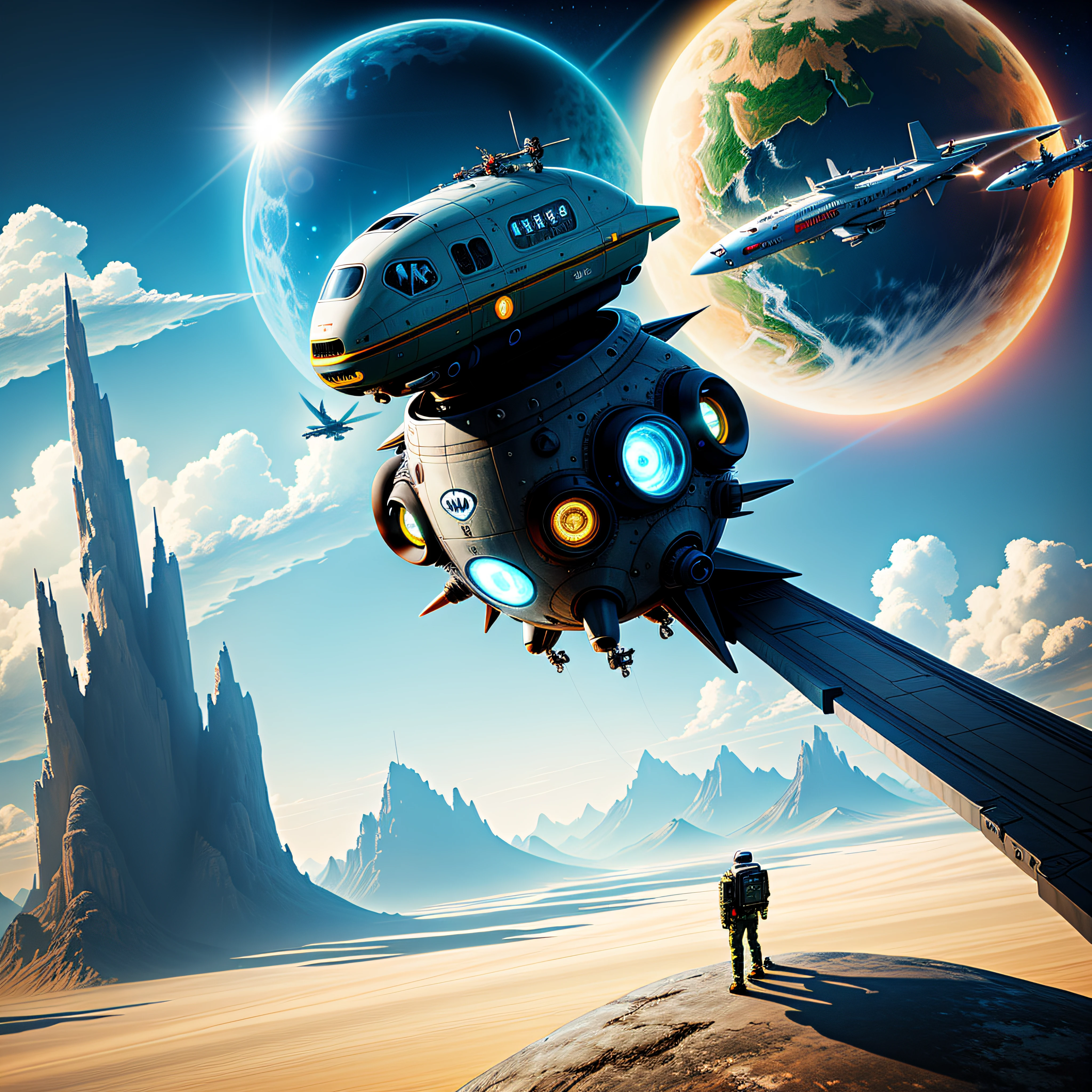 a alien world with flying cars, people on jet packs traveling and working in harmony with each other a beautiful place to live and work art by Ray Shark