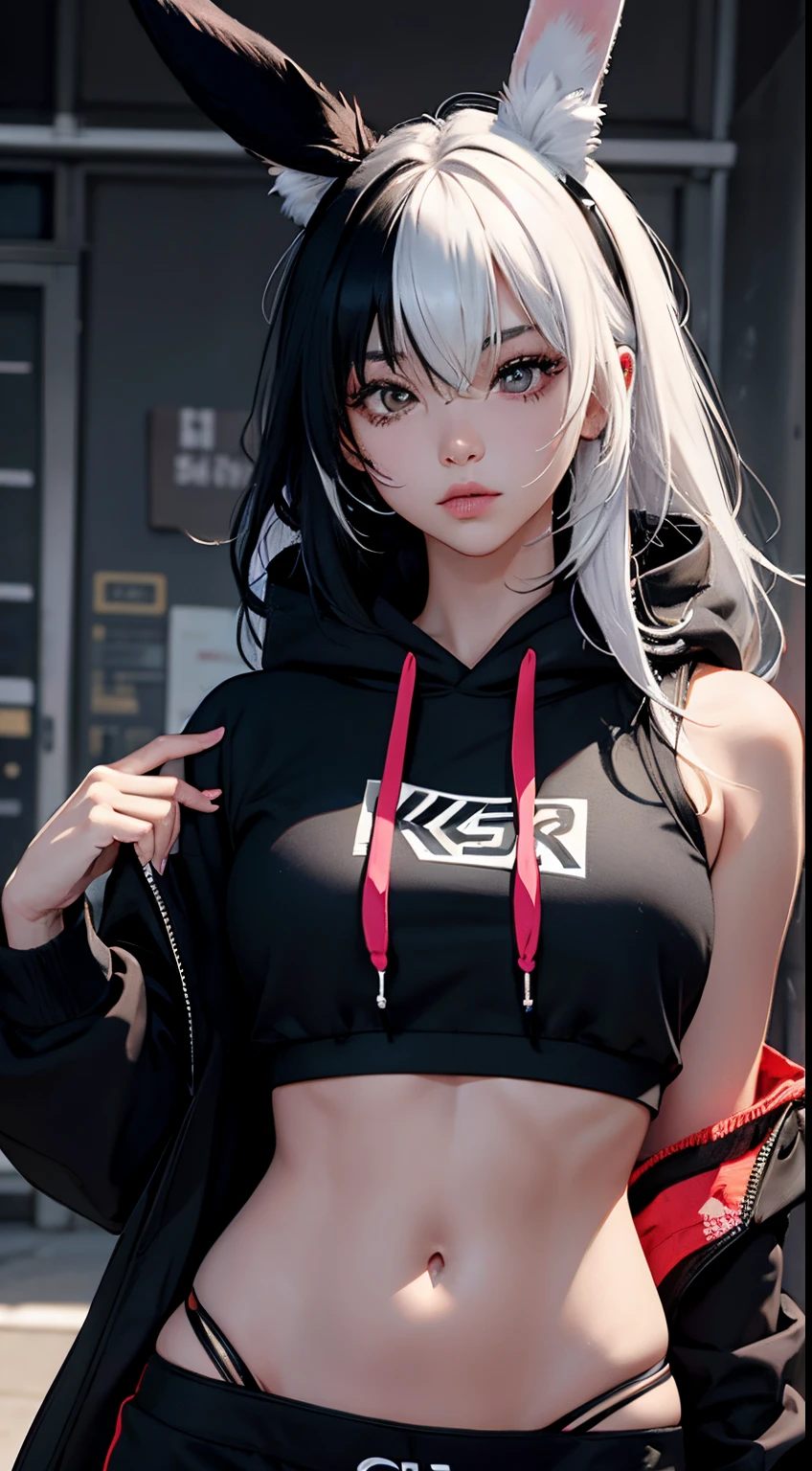 2boyale,Toned、big bunny ears and tail、black messy hair、wide and very vivid black eyes、HD、masterpiece、with a vibrant、Slim dark crop top hoodie、full-body view、Trendy hair、the kiss
