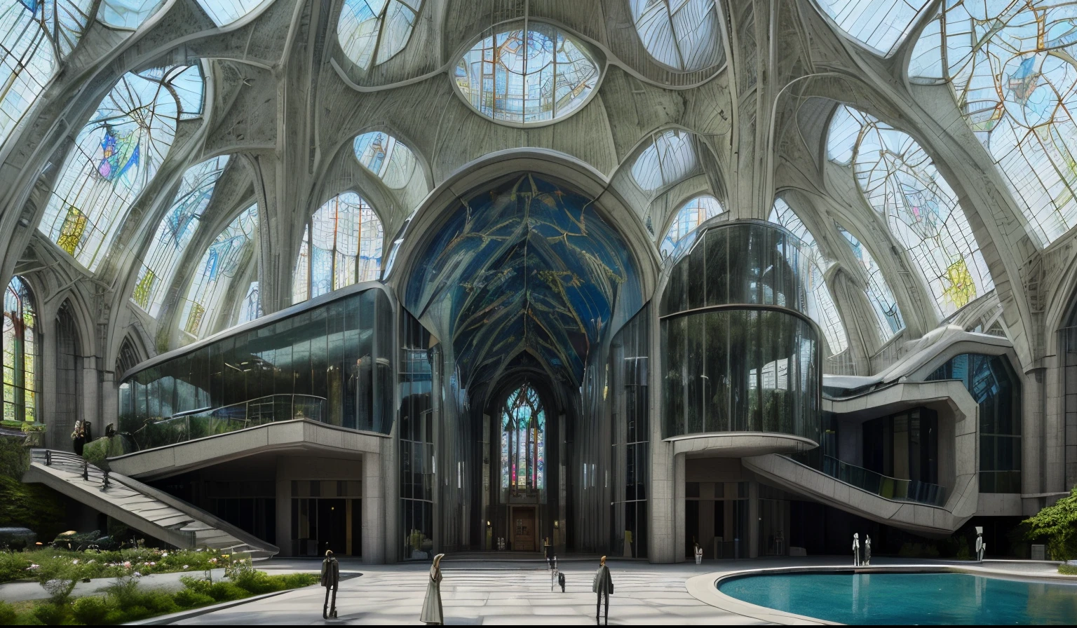 exterior photo of an impressive church made of glass and textile fiber, oranic, biomimic, modern architecture, futuristic, sci-fi, a centra hall with people walking, large gardens and pond, sky hdri realistic, octane render, high quality, 4k, 8k