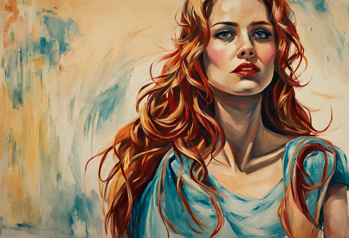 retrato feminino, Beautiful Nordic woman, longos cabelos loiros, olhos sorridentes, Looking at camera, boca sorridente, vestido vermelho decotado, acrylic painting, Pincelada arrojada e expressiva, estilo impressionista, Rosto detalhado, Epic surreal background, pinceladas muito pesadas com tinta texturizada grossa, Specialized lighting and shadows, alto contraste, pintura de arte, Wadim Kashin.