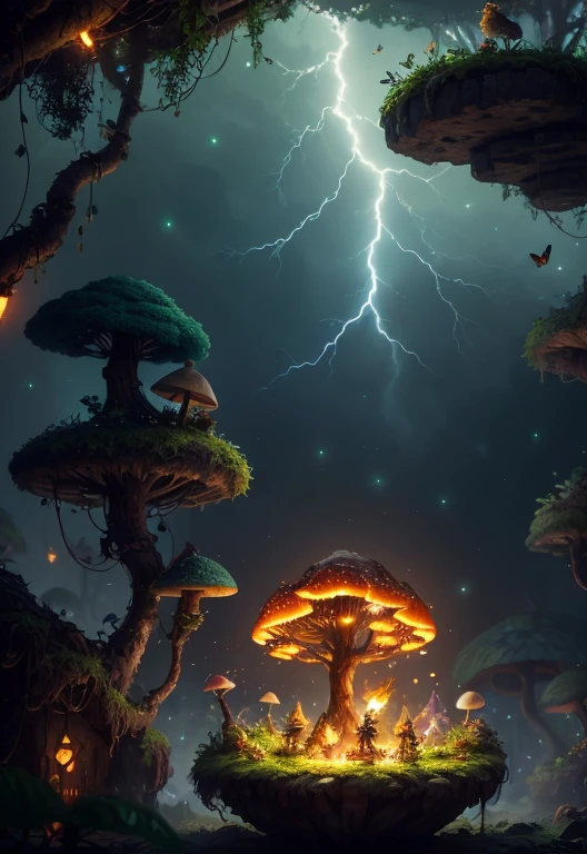Fantasy in a glass, "ethereal roses, beautiful girls, cute slime animals, glowing little mushrooms surrounded by delicate leaves and branches, and fireflies and glowing particle effects", (natural elements), (jungle theme), (leaves), (branches), (fireflies), butterflies, (delicate leaves), (glow), (particle effects), super realistic, super detailed, dramatic lightning, 4k, masterpiece,