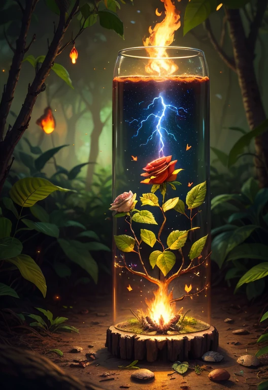 Fantasy in a glass, "ethereal roses, beautiful girls, cute slime animals, glowing little mushrooms surrounded by delicate leaves and branches, and fireflies and glowing particle effects", (natural elements), (jungle theme), (leaves), (branches), (fireflies), butterflies, (delicate leaves), (glow), (particle effects), super realistic, super detailed, dramatic lightning, 4k, masterpiece,