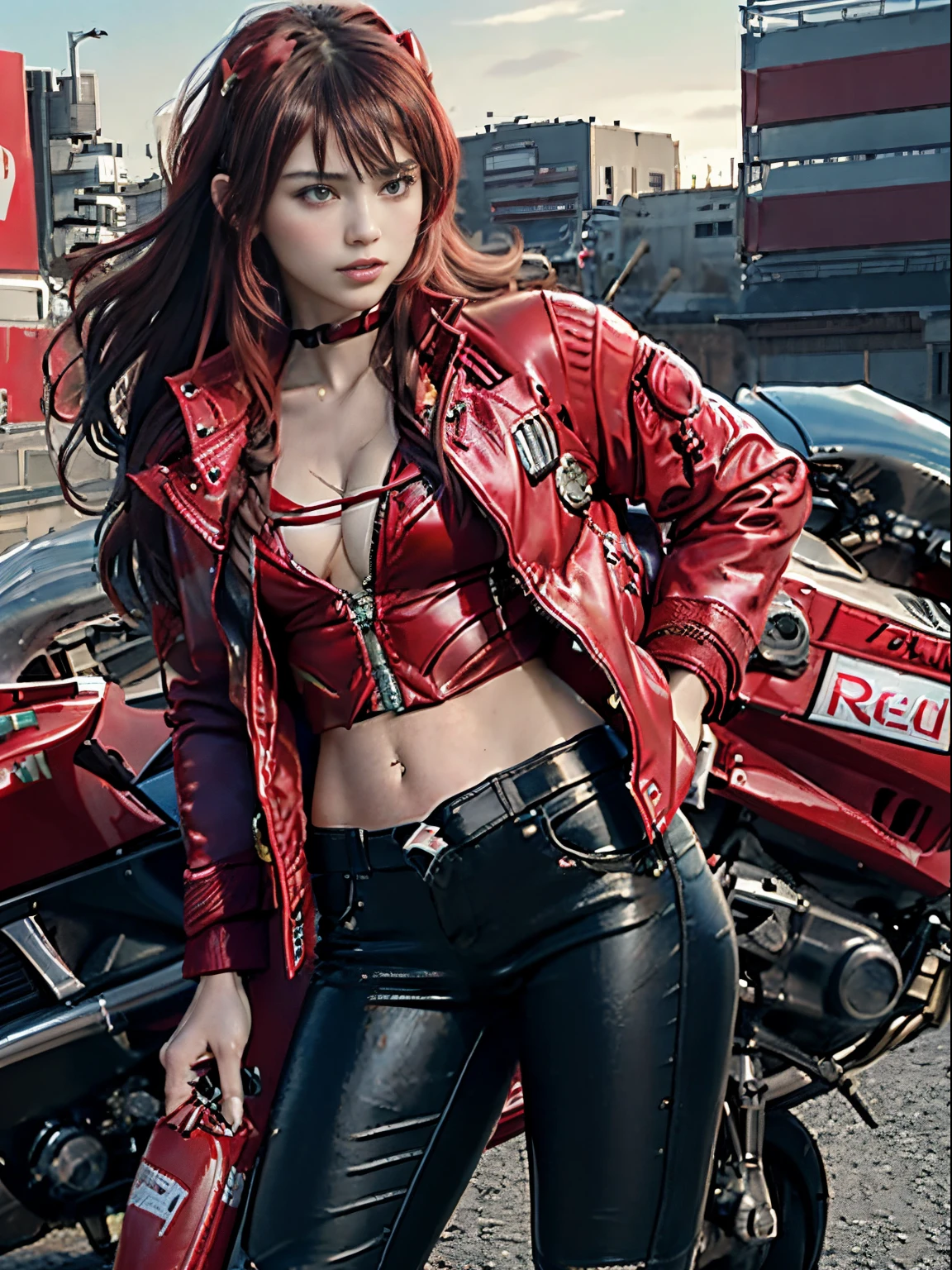 ((best quality)), ((masterpiece)), (detailed), perfect face. Official art, top-quality, masterpiece, A high resolution, (Photorealsitic:1.4), Raw photo, ((super realistic details)), portlate, globalillumination, Shadow, octan render, 8K, ultrasharp, Asuka, Eva 02, 1girl in, 20 years, red color hair, (long full hair flowing is the wind), detailed face depiction, Almond-shaped sky blue eyes, long eyeslashes, shiny lip, Tsundere and playful look, (Red low-rise leather pants), (no Shirt), (bust exposure), (Red Down Jacket:1.4), big breasts thin waist, (Akira Bike Red:1.4), cycling, Cyberpunk City View,