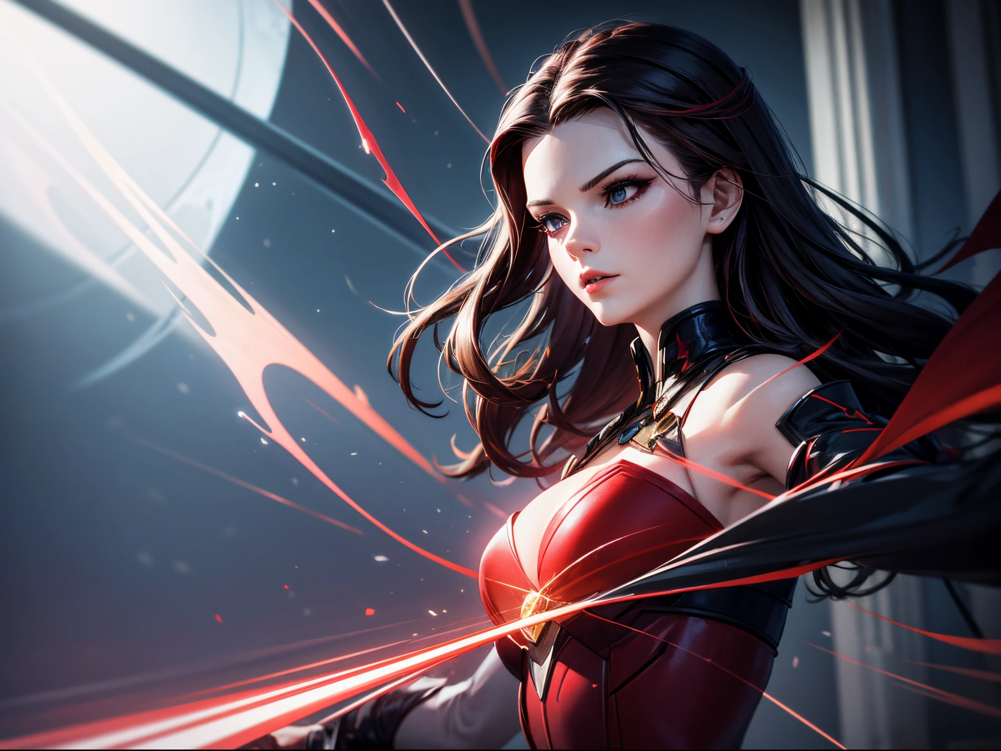 3D illustration of the Scarlett Witch, red 256, electric indigo color, hunter green color, navy blue color, gold color, (sharp lines), bold ink lines, strong outlines, bold traces, high contrast, (professional vector), best quality, semi-gloss colors, medium lights, medium shadows, low levels, ultra realistic, unreal engine 5, realistic skin texture, sharp, crisp, vivid colors, beautiful.