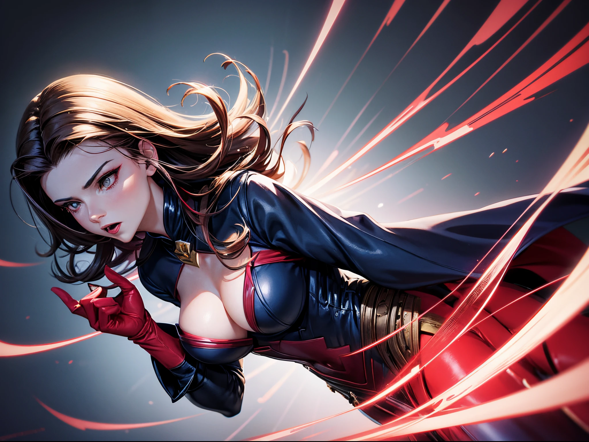 3D illustration of the Scarlett Witch, red 256, electric indigo color, hunter green color, navy blue color, gold color, (sharp lines), bold ink lines, strong outlines, bold traces, high contrast, (professional vector), best quality, semi-gloss colors, medium lights, medium shadows, low levels, ultra realistic, unreal engine 5, realistic skin texture, sharp, crisp, vivid colors, beautiful.